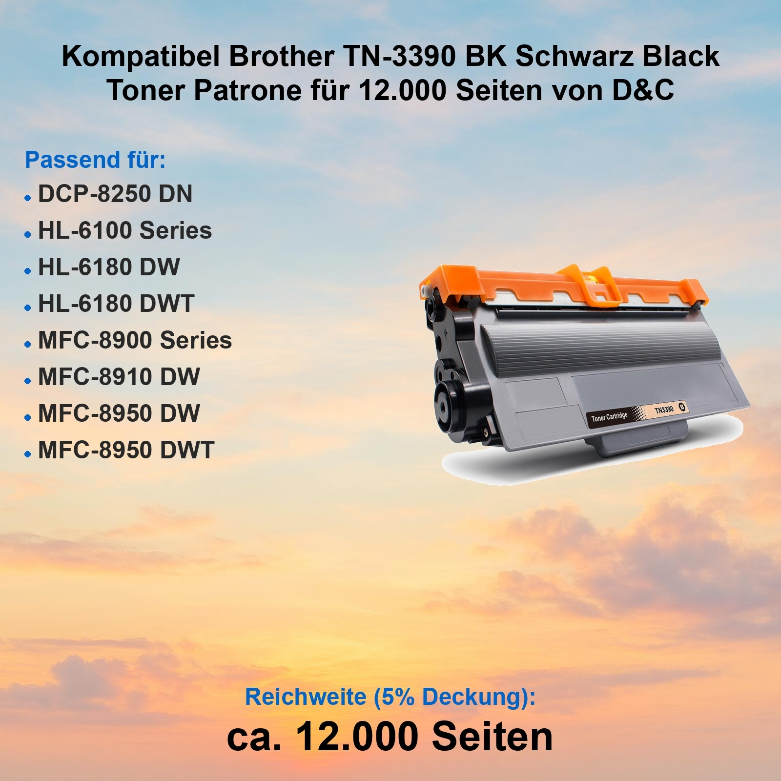 Eine schwarze Brother TN-3390 Tonerkartusche mit orangenen Akzenten, Text und einem blau-gelben Farbverlauf im Hintergrund.