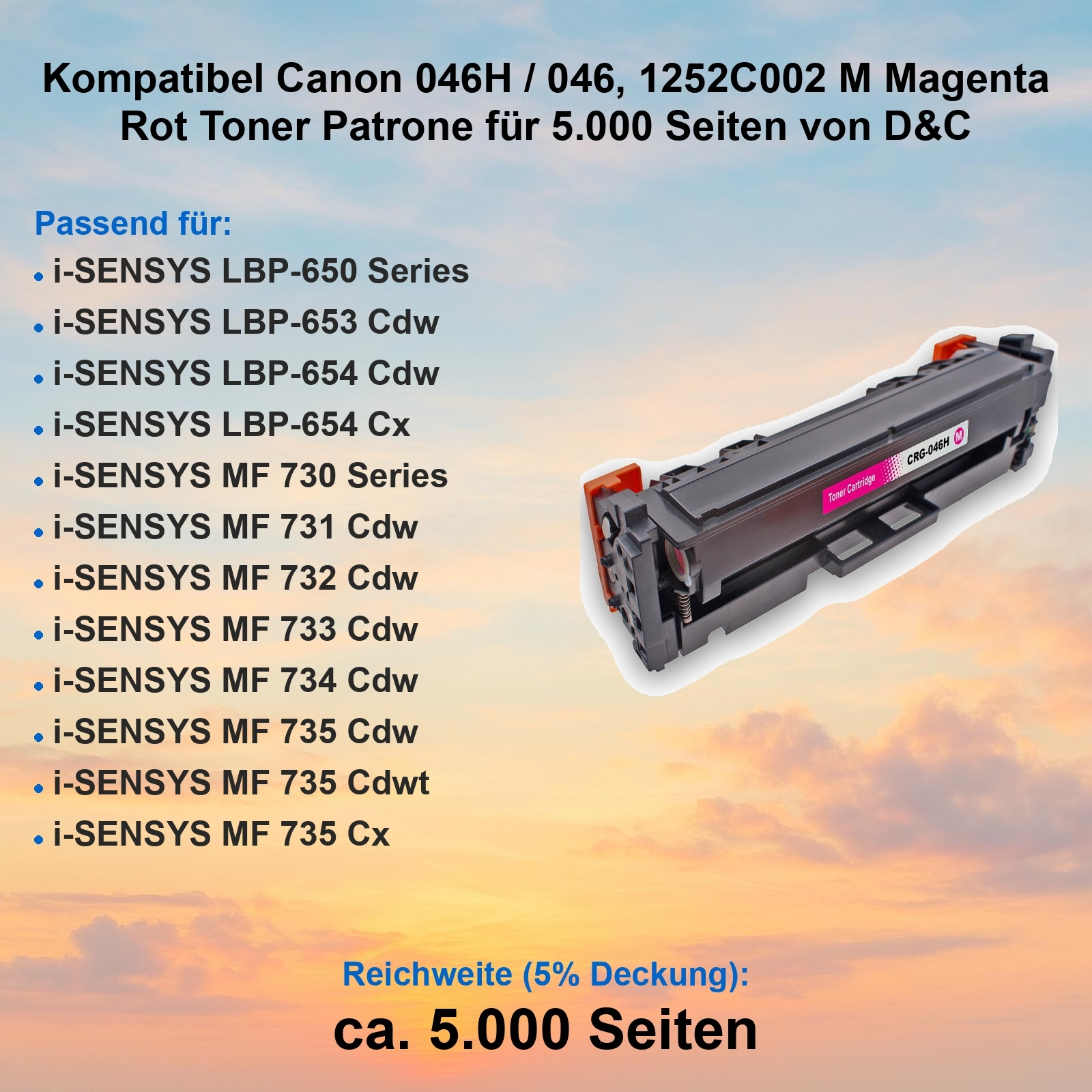 Eine magenta Tonerkartusche für Canon-Drucker mit einer Kapazität von 5.000 Seiten. Das Bild zeigt eine Liste kompatibler Druckermodelle.