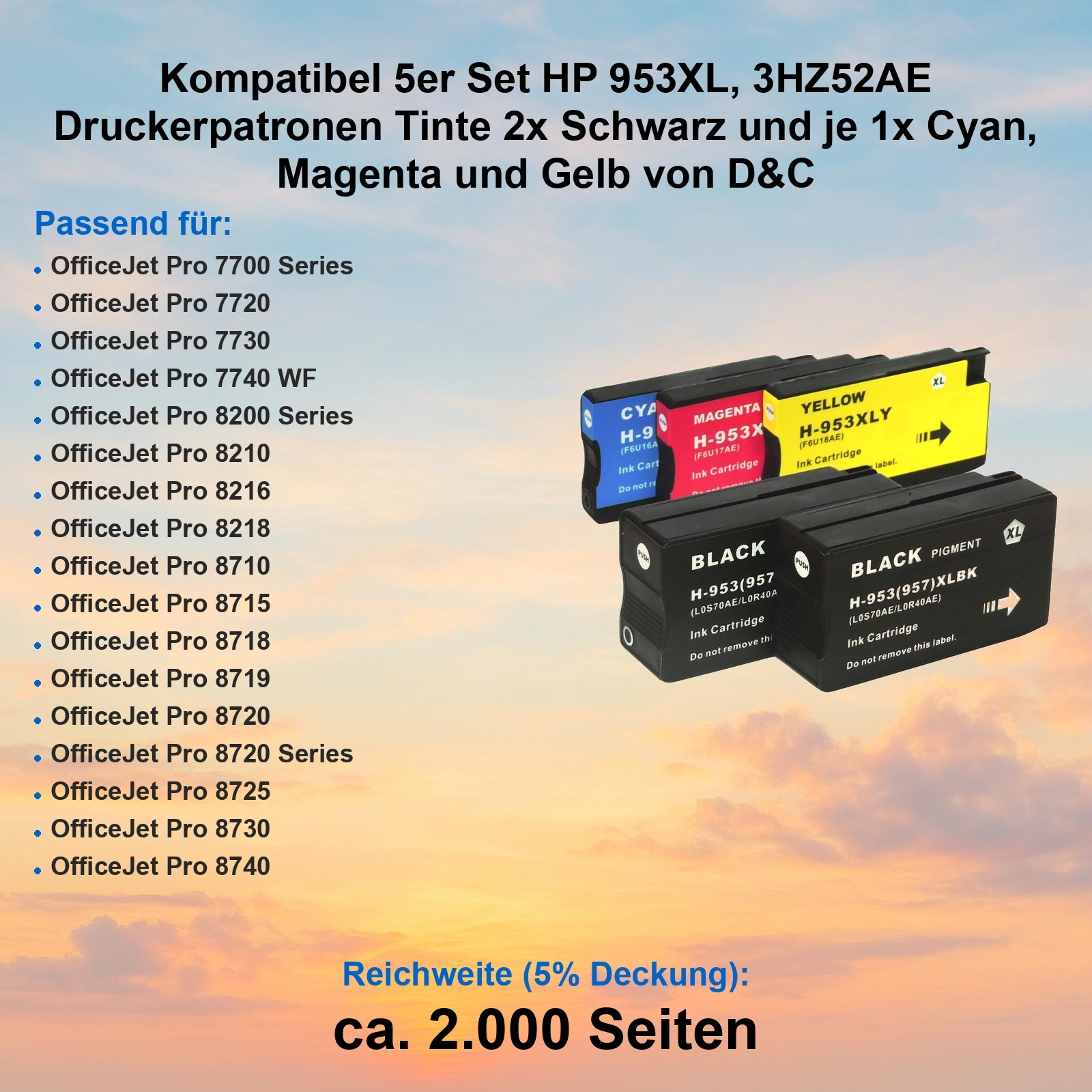 Das Bild zeigt Druckerpatronen: Cyan, Magenta, Gelb und Schwarz. Es listet auch kompatible Drucker auf.