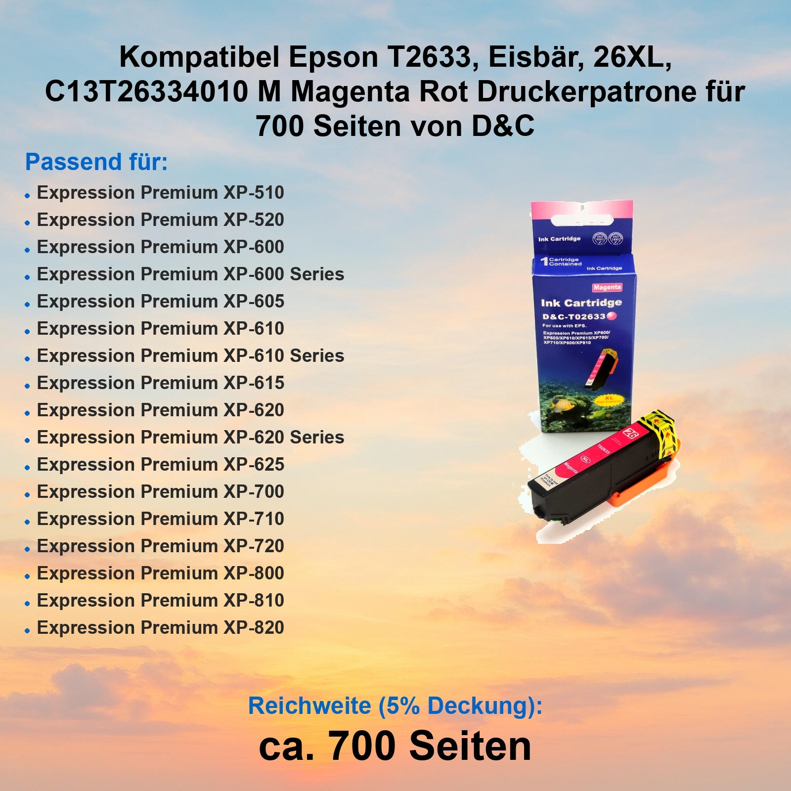 Tintenpatrone mit magentafarbener Tinte, Text auf Deutsch. Hintergrund ist ein Farbverlauf von Blau nach Gelb.