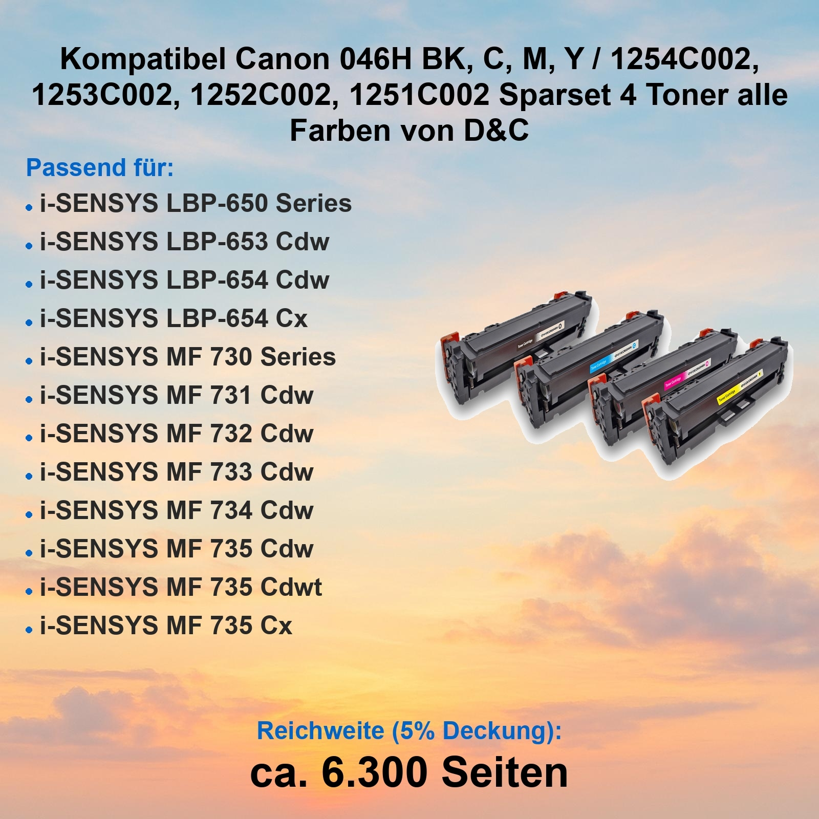 Das Bild zeigt vier Tonerkartuschen. Der Text listet kompatible Canon-Modelle und Druckleistungsinformationen auf.