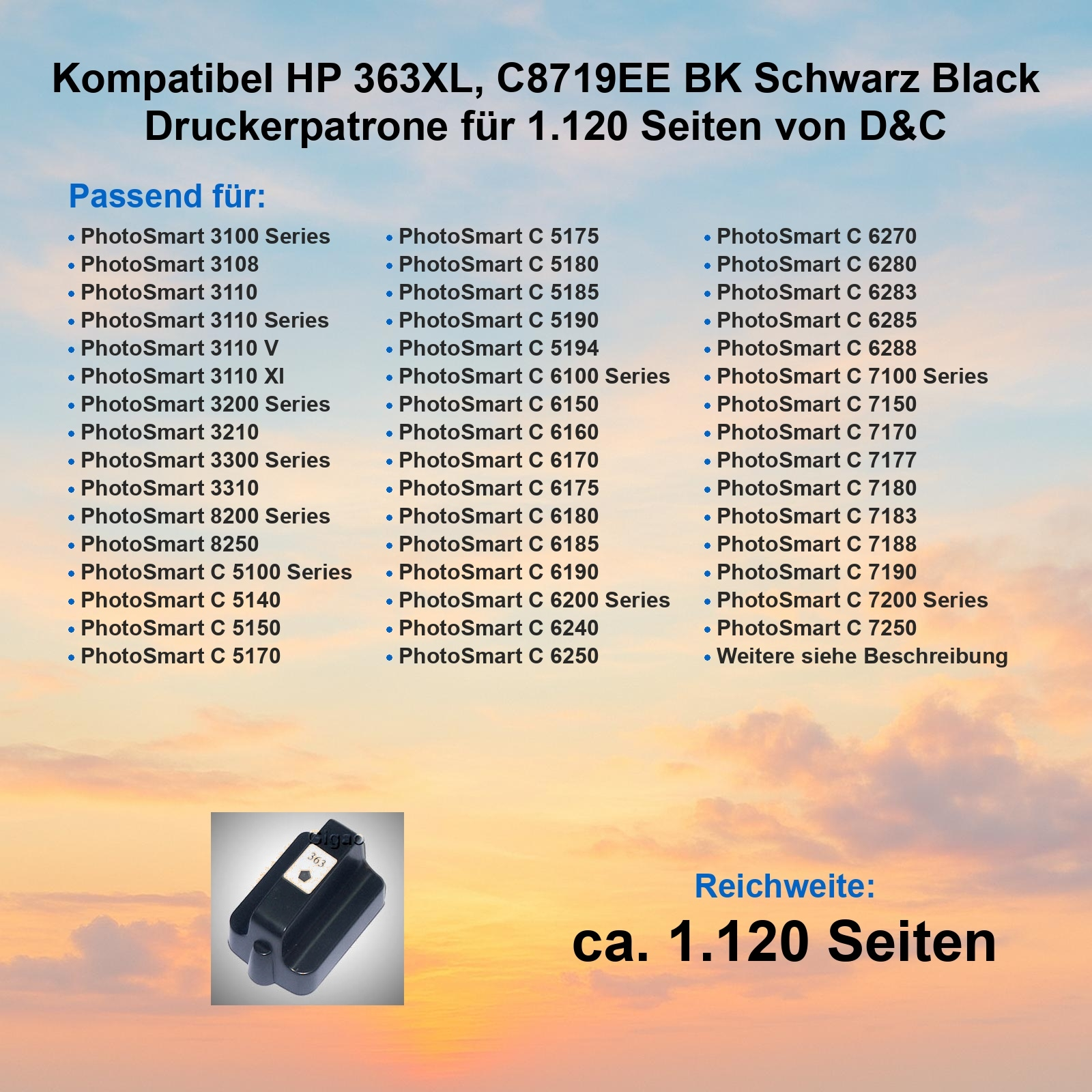 Das Bild zeigt eine schwarze Tintenpatrone mit Text, der kompatible Druckermodelle und Seitenausbeute auflistet.