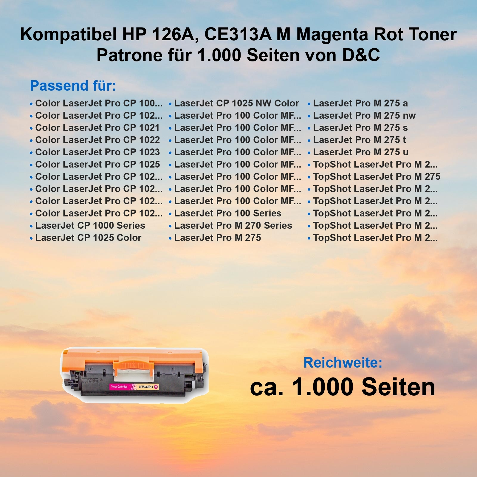 Eine orangefarbene und schwarze Tonerkartusche mit Text auf bewölktem Hintergrund. Der Text beschreibt das Modell.