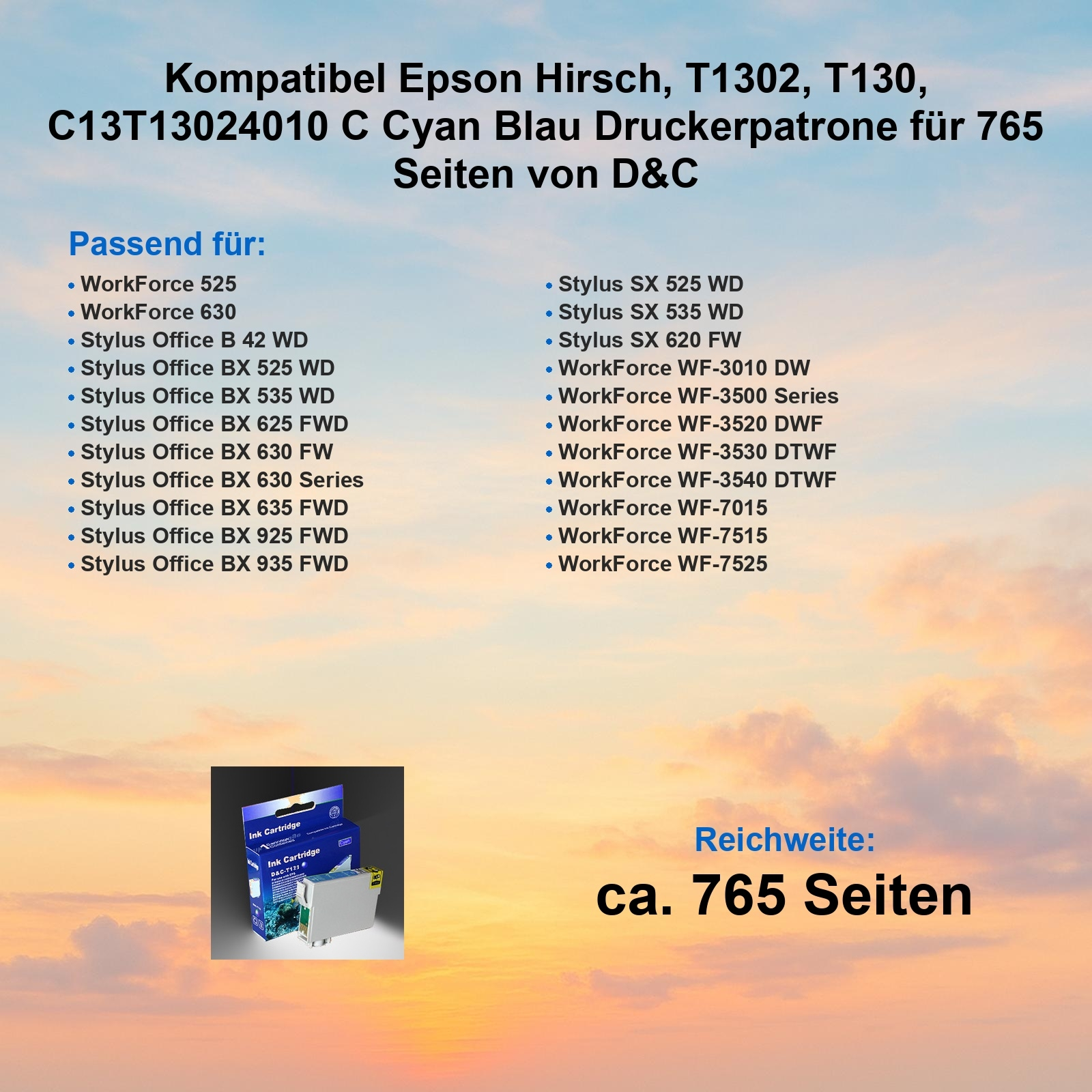 Das Bild zeigt eine Druckerpatronenbox mit Produktdetails und einer Liste kompatibler Drucker.