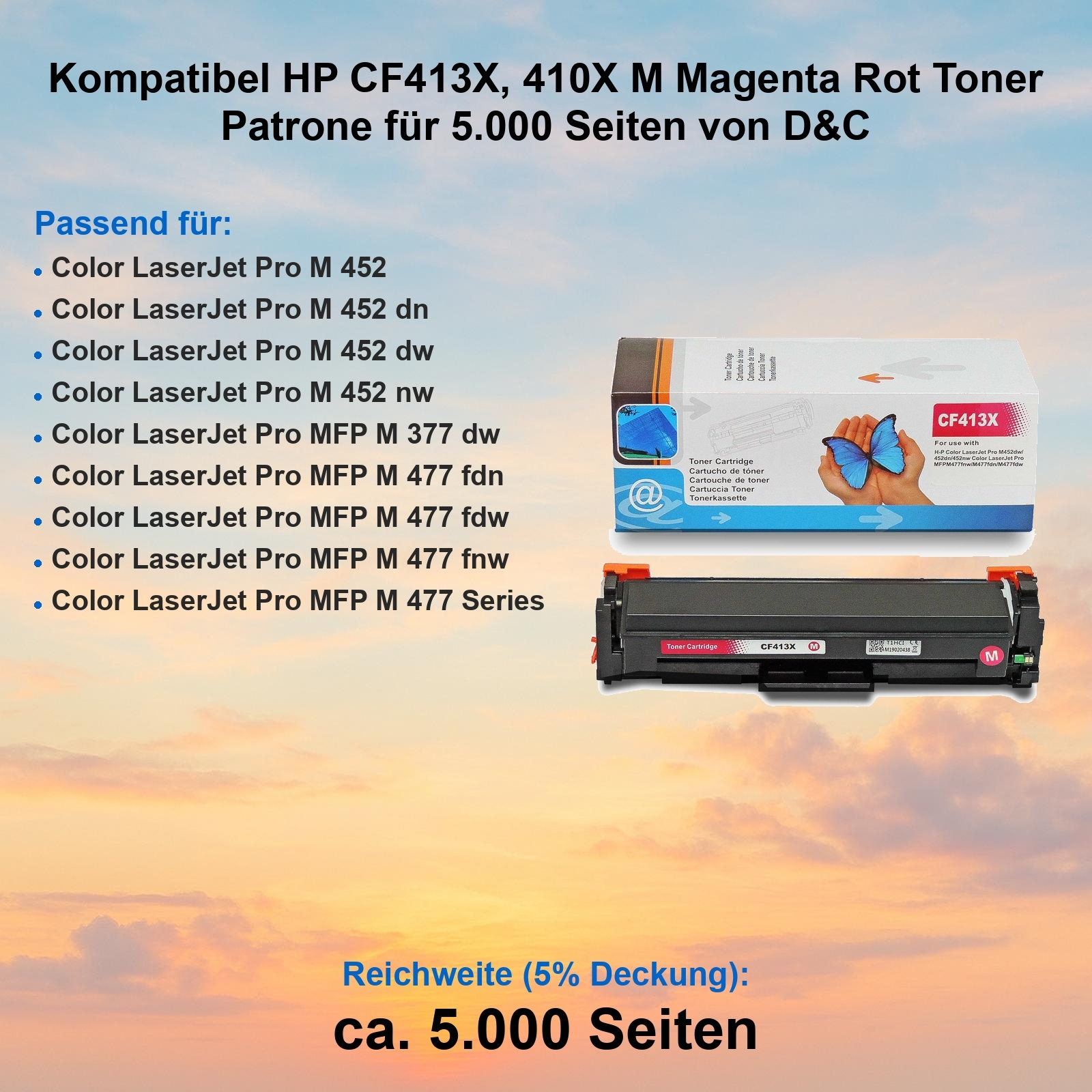 Tonerkartusche mit Produktdetails. Text enthält kompatible Druckermodelle und Seitenausbeute.