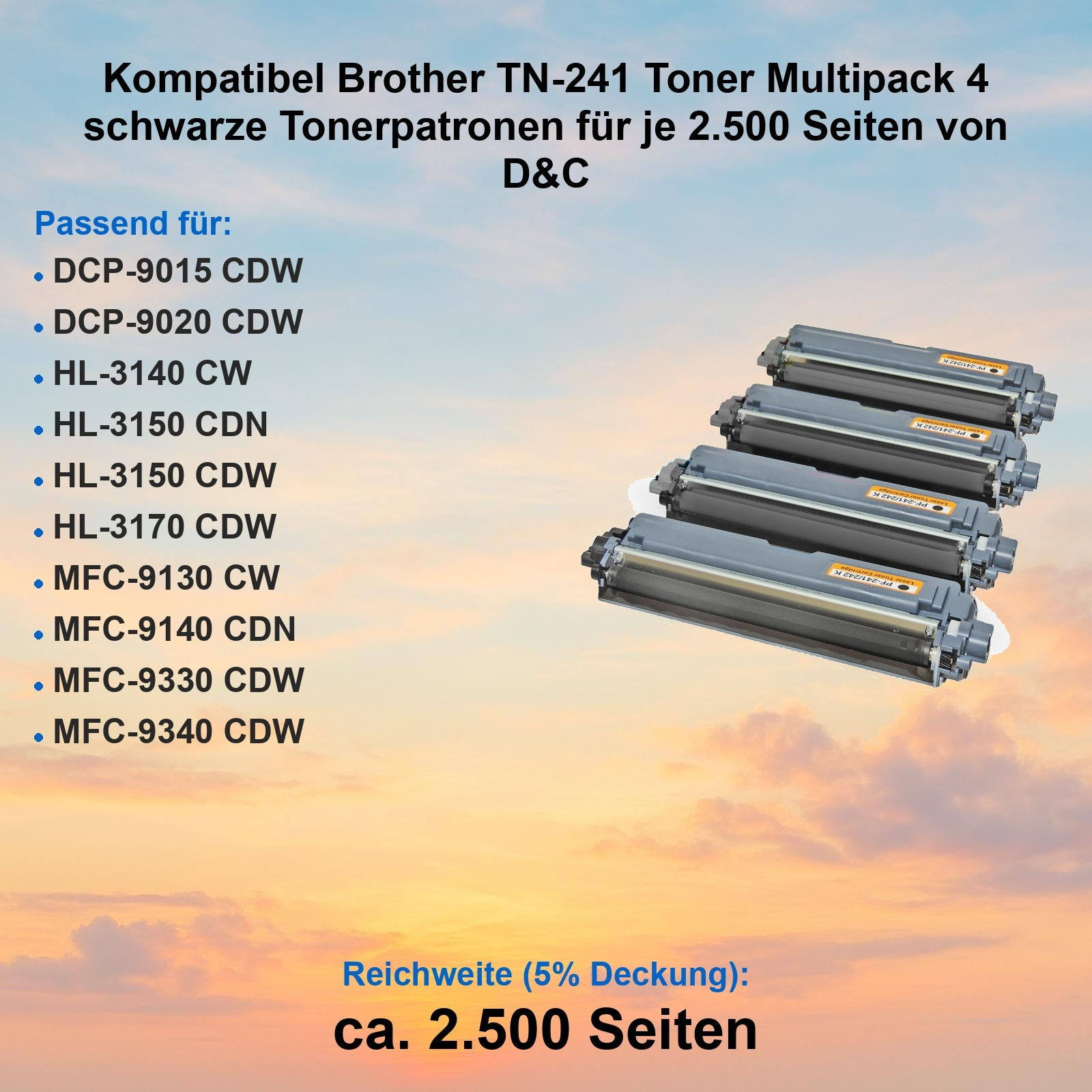 Bild zeigt Brother TN-241 Tonerkartuschen. Text listet kompatible Drucker und Seitenleistung auf. Hintergrund ist ein Farbverlaufhimmel.