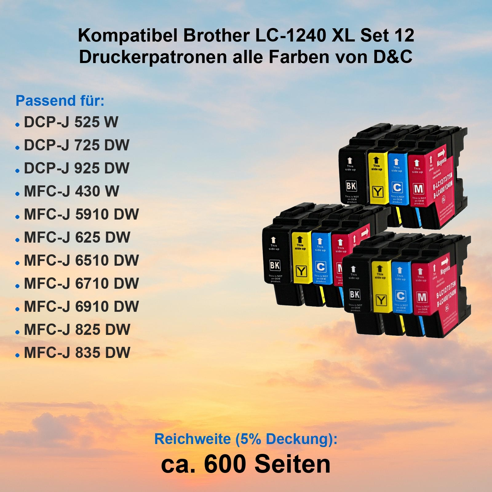 Das Bild zeigt Brother LC-1240 XL Tintenpatronen. Schwarze, gelbe, cyanfarbene und magenta-Patronen sind sichtbar, zusammen mit Text.