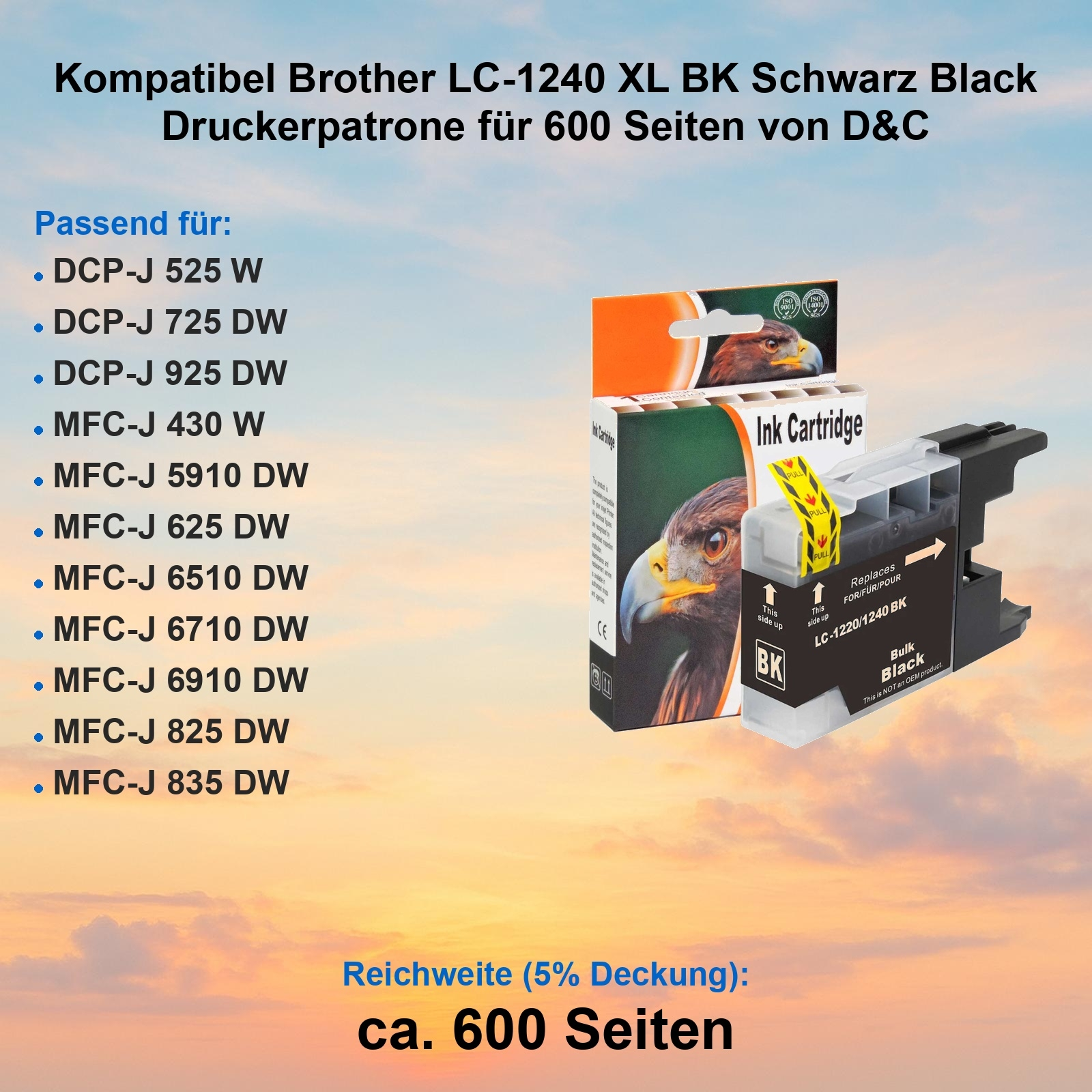 Tintenpatrone für Brother-Drucker. Text listet kompatible Modelle auf. Enthält eine Kartuschenbox und eine Tintenpatrone.