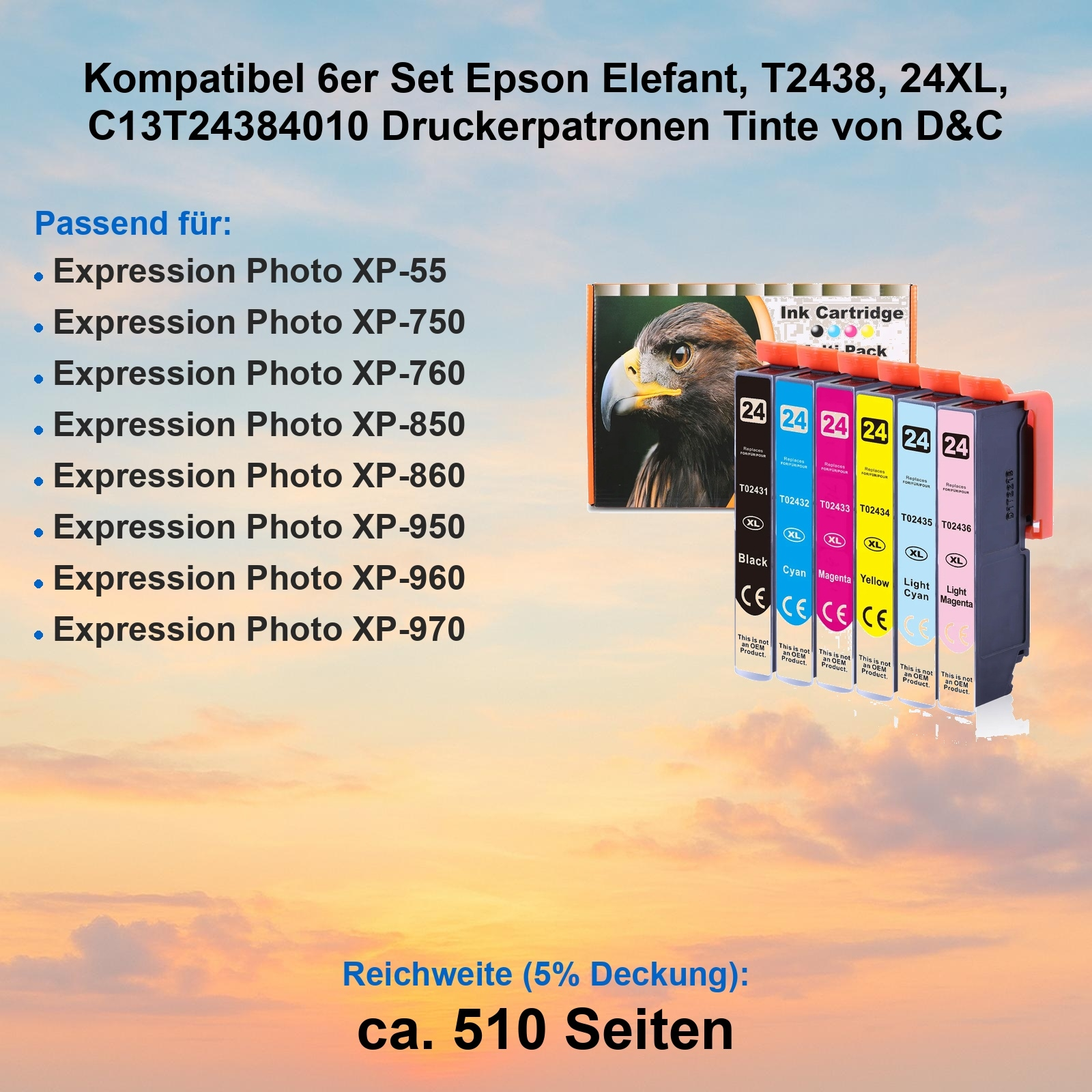 Das Bild zeigt Druckerpatronen in verschiedenen Farben, zusammen mit einer Liste kompatibler Druckermodelle.