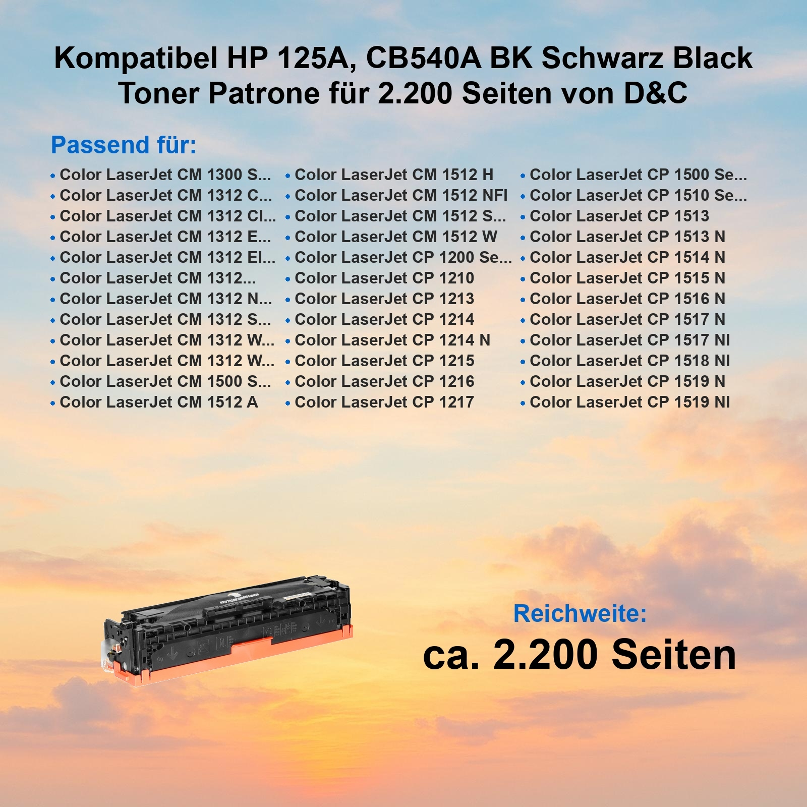 Schwarze Tonerkartusche vor farbigem Hintergrund. Text listet kompatible Druckermodelle.