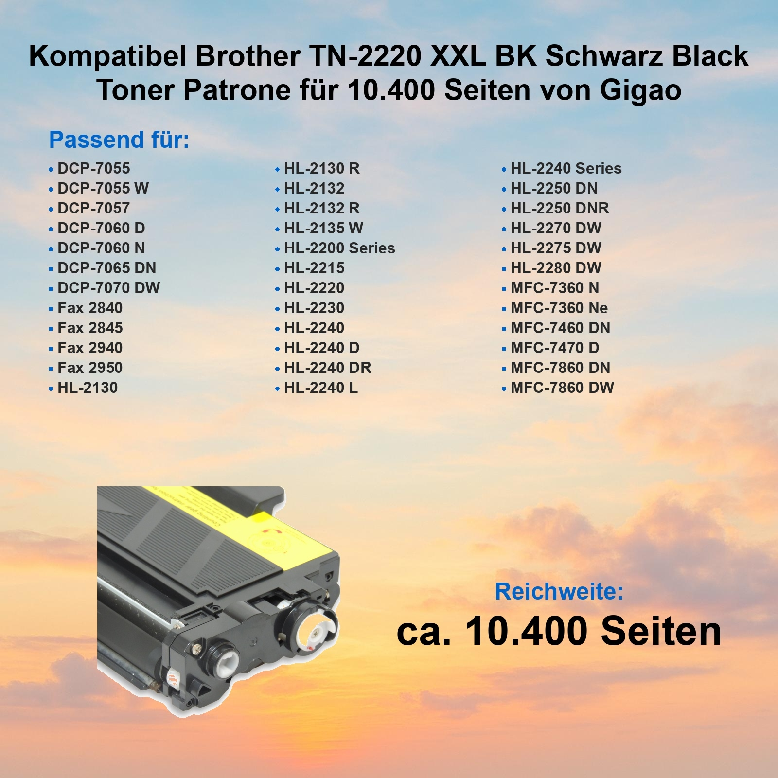 Schwarze Tonerkartusche mit gelbem Etikett. Text enthält kompatible Modelle und eine Seitenzahl von 10.400 Seiten.