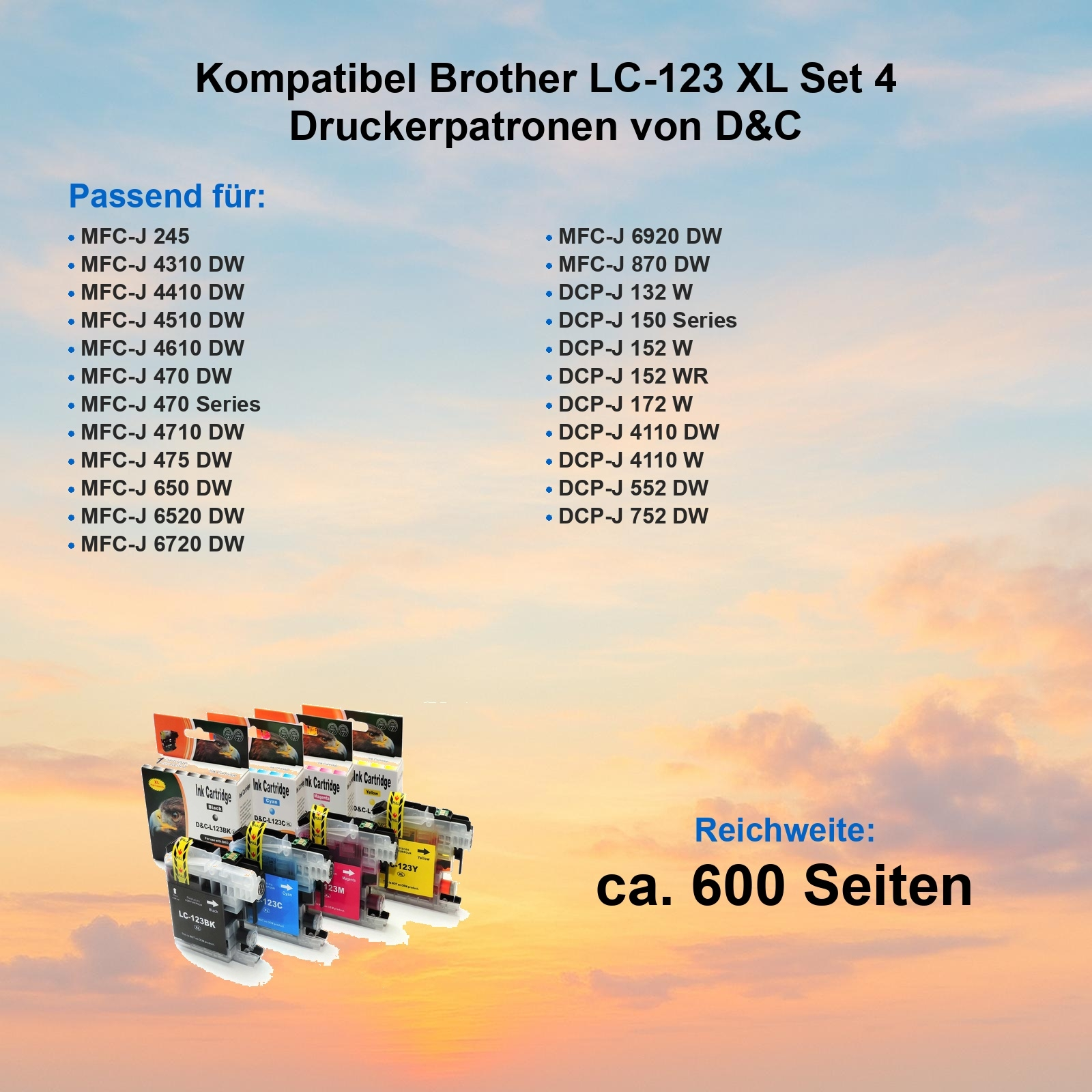 Bild zeigt Druckerpatronen. Text listet kompatible Brother-Modelle und Seitenzahl.