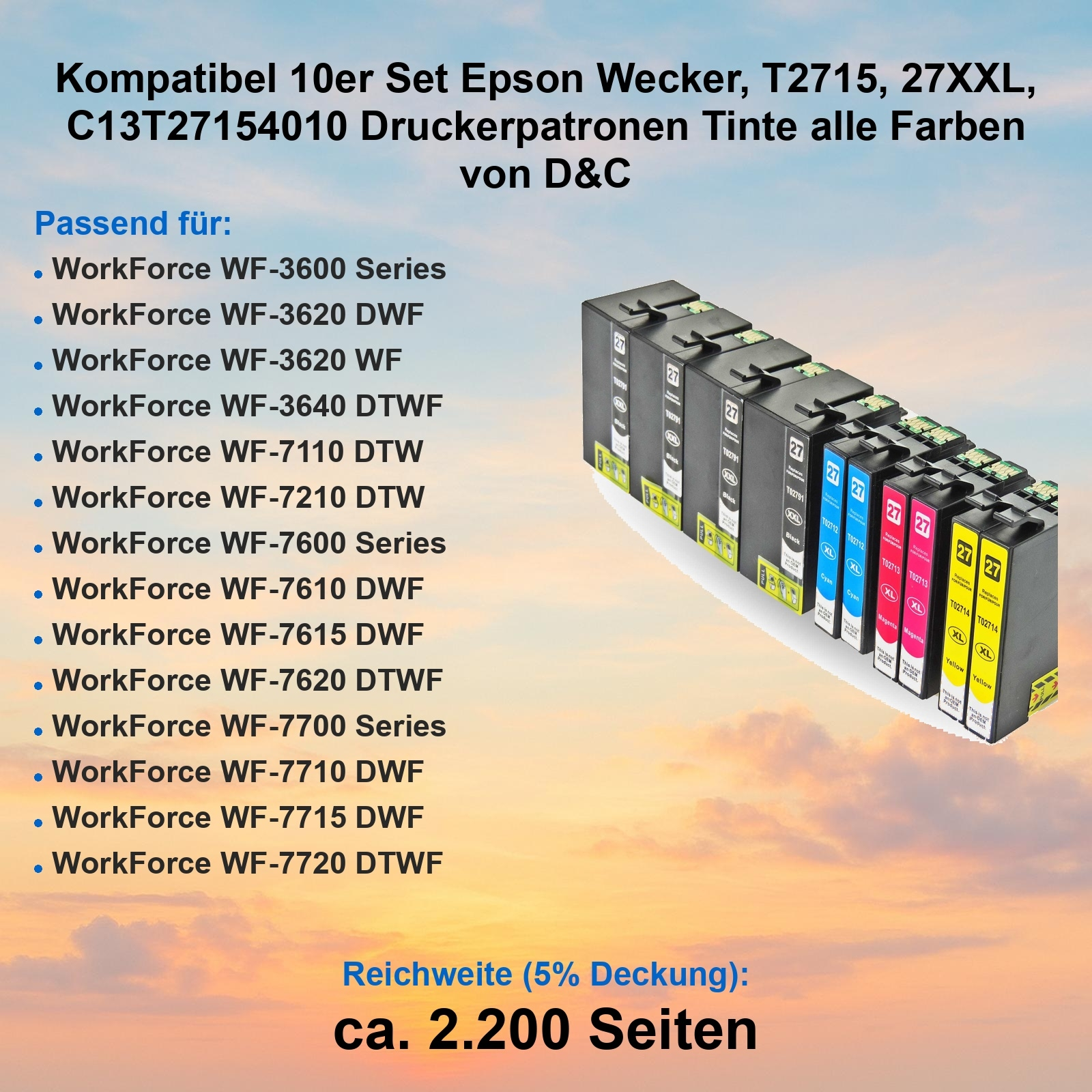 Das Bild zeigt einen Satz Epson-Tintenpatronen in Schwarz, Cyan, Magenta und Gelb. Text listet kompatible Drucker auf.