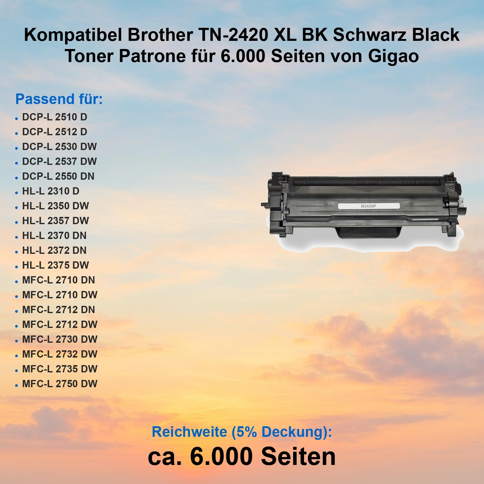Eine schwarze Tonerkartusche mit weißem Etikett, Produktdetails und eine Liste kompatibler Druckermodelle auf Himmelsgrund.
