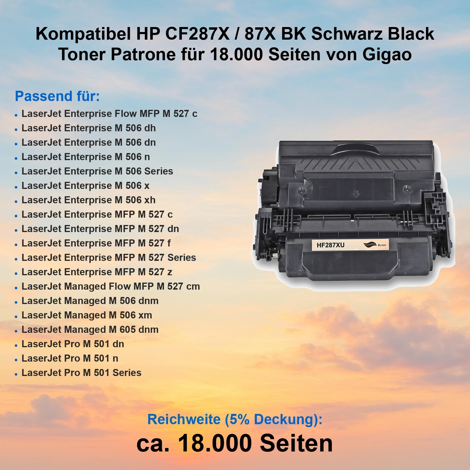 Schwarze Tonerkartusche mit Text und einer Liste kompatibler Drucker, vor Himmelshintergrund.