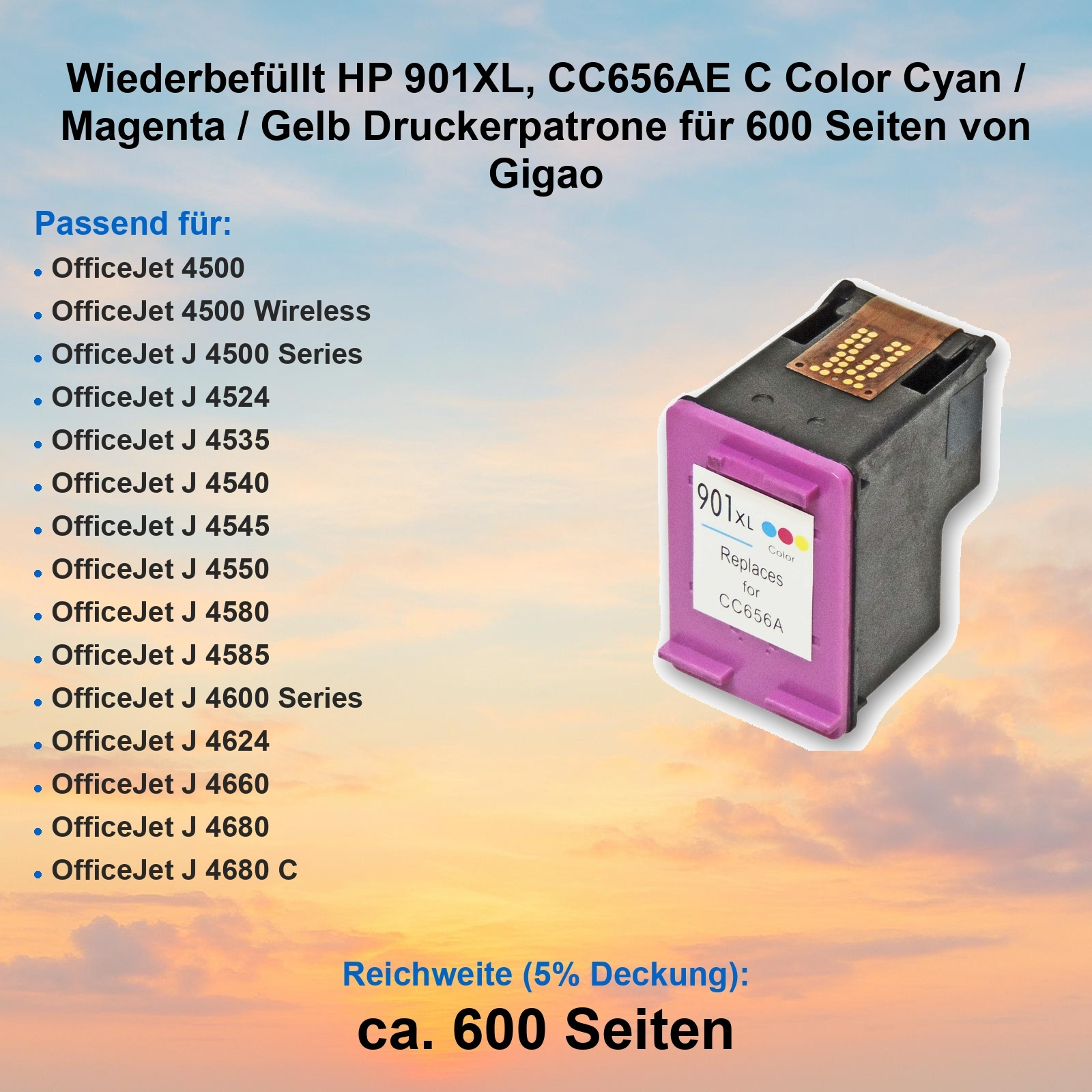 Eine Tintenpatrone mit magenta- und gelber Tinte. Text listet kompatible Drucker und Seitenleistung auf.