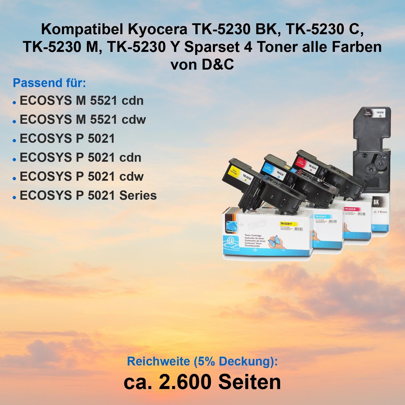 Das Bild zeigt Drucker-Tonerkartuschen und -kartons. Der Text enthält Produktkompatibilität und Seitenergebnissinformationen.