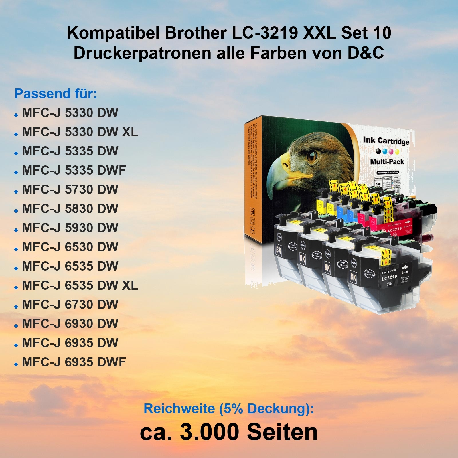 Tintenpatronen in einer Box, Text zur Kompatibilität mit Brother-Druckern und Text zur Seitenleistung.