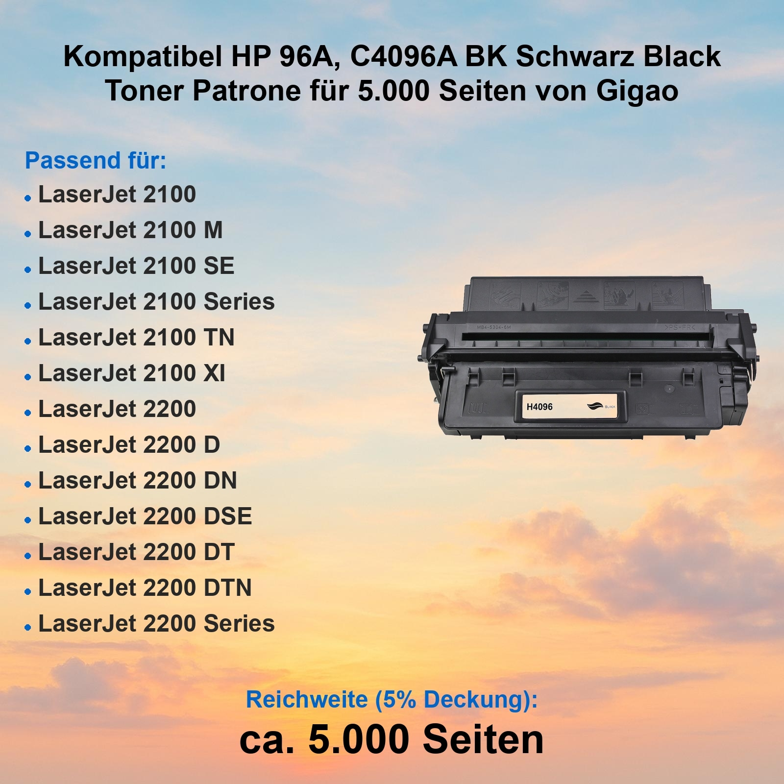 Schwarze Tonerkartusche für HP-Drucker. Text listet kompatible Modelle auf. Hintergrund ist ein Sonnenuntergangshimmel.