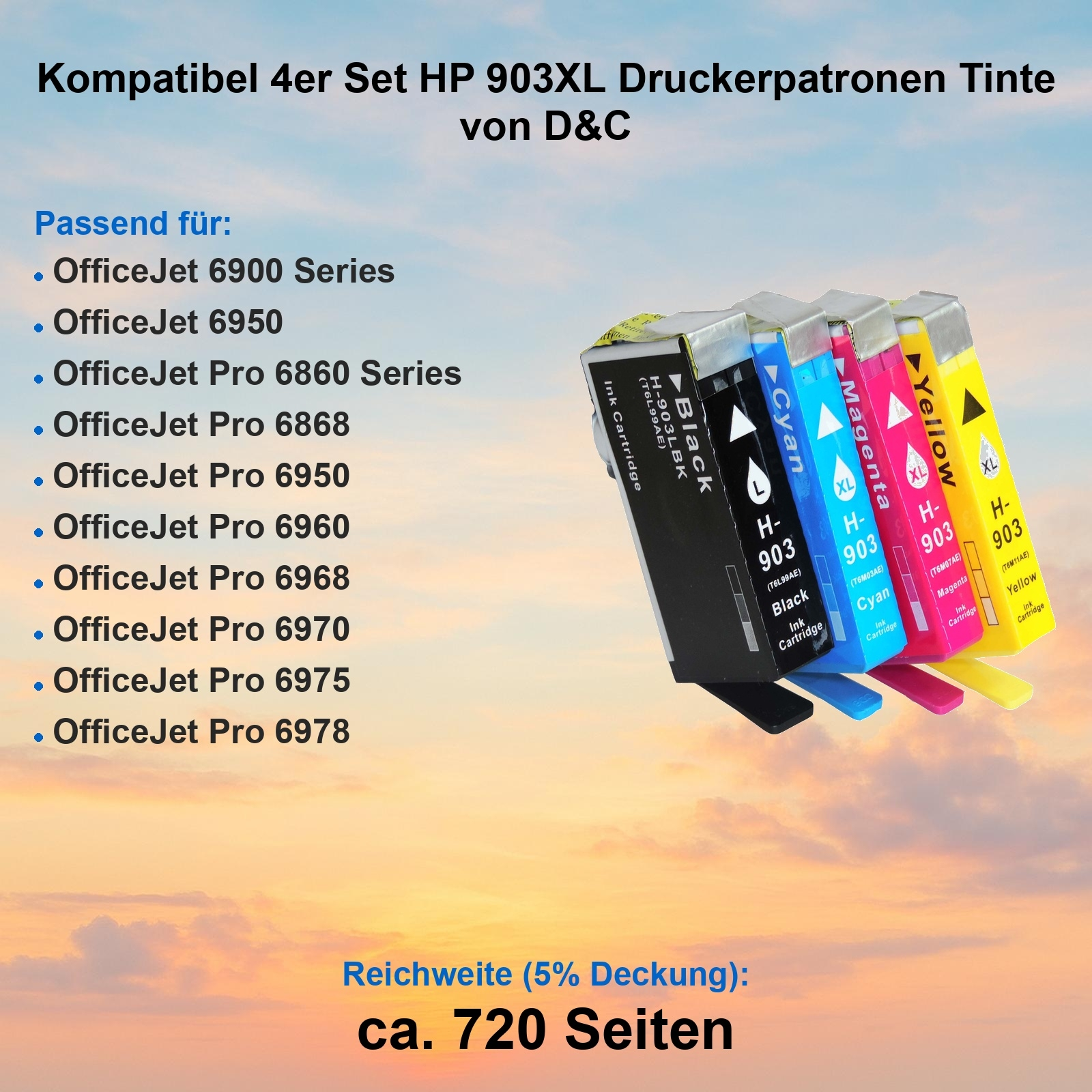 Vier Tintenpatronen: schwarz, cyan, magenta, gelb. Kompatibel mit HP-Druckern. Text beschreibt Druckermodelle.