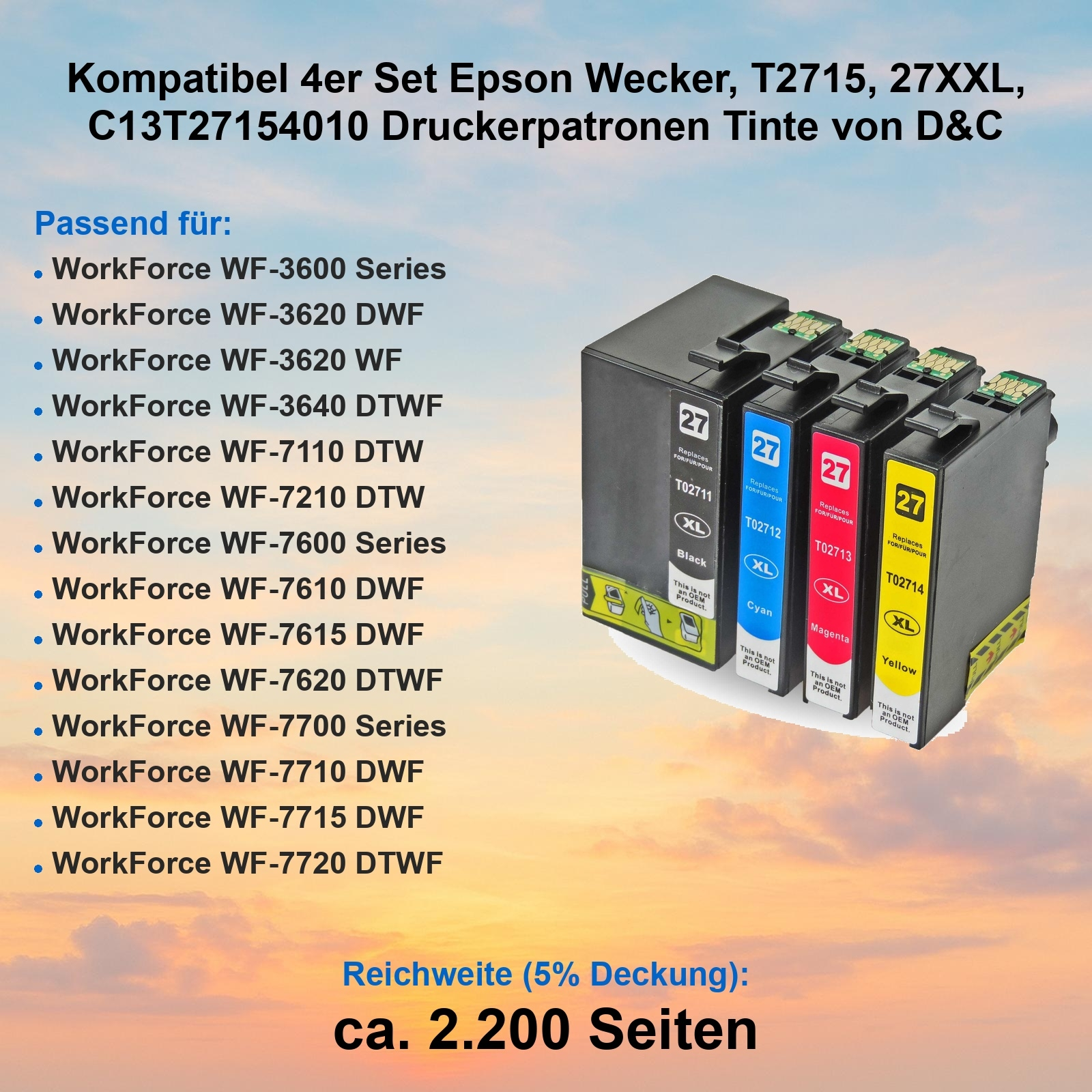 Tintenpatronen, schwarz, cyan, magenta und gelb. Text: Kompatibel Epson, Druckermodelle und Seitenzahl.