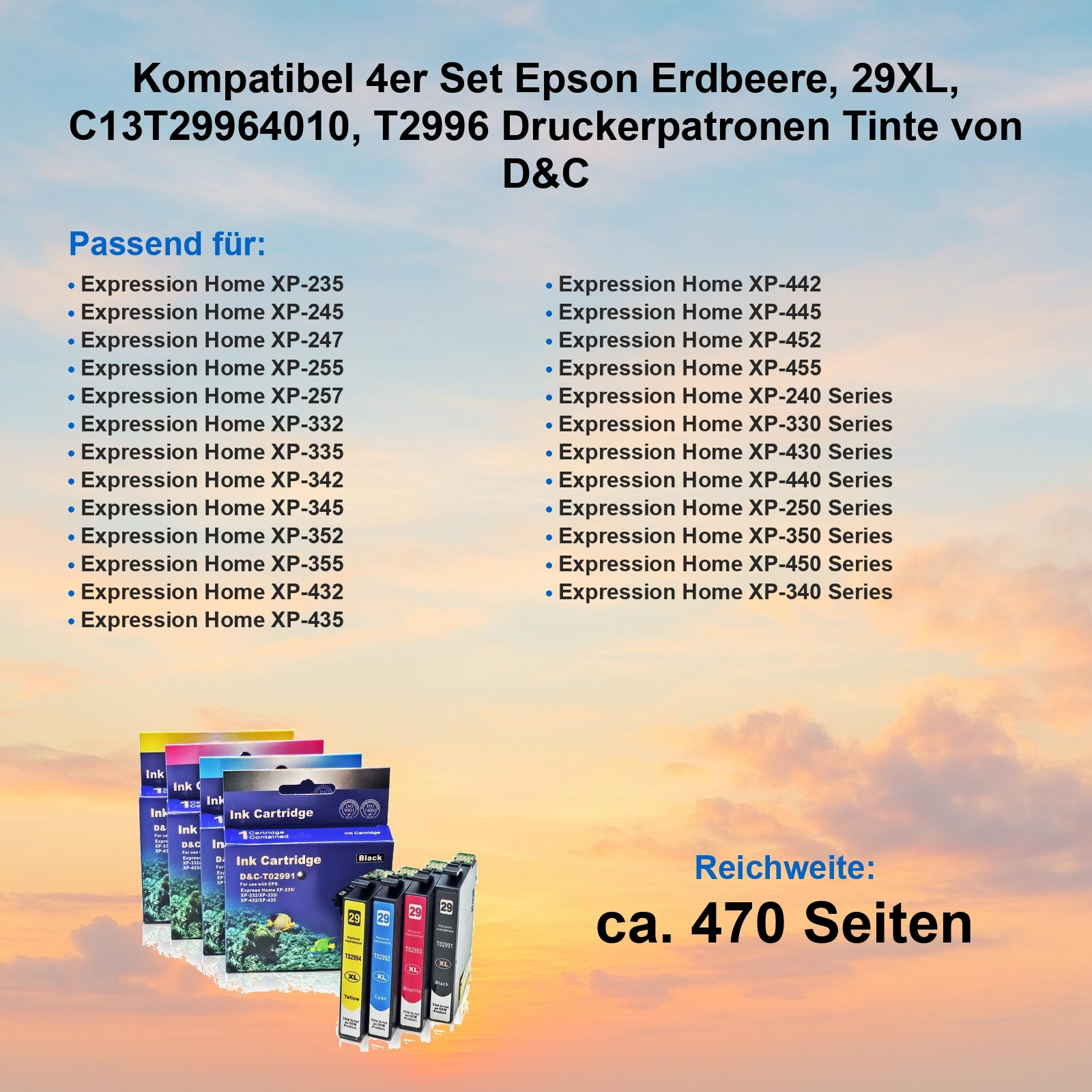 Das Bild zeigt Tintenpatronen für Epson-Drucker mit einer Liste kompatibler Modelle und geschätzter Seitenleistung.