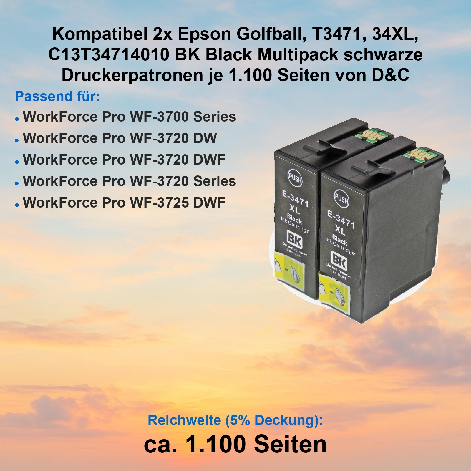 Das Bild zeigt zwei schwarze Tintenpatronen. Text listet kompatible Epson-Druckermodelle und Druckleistung auf.