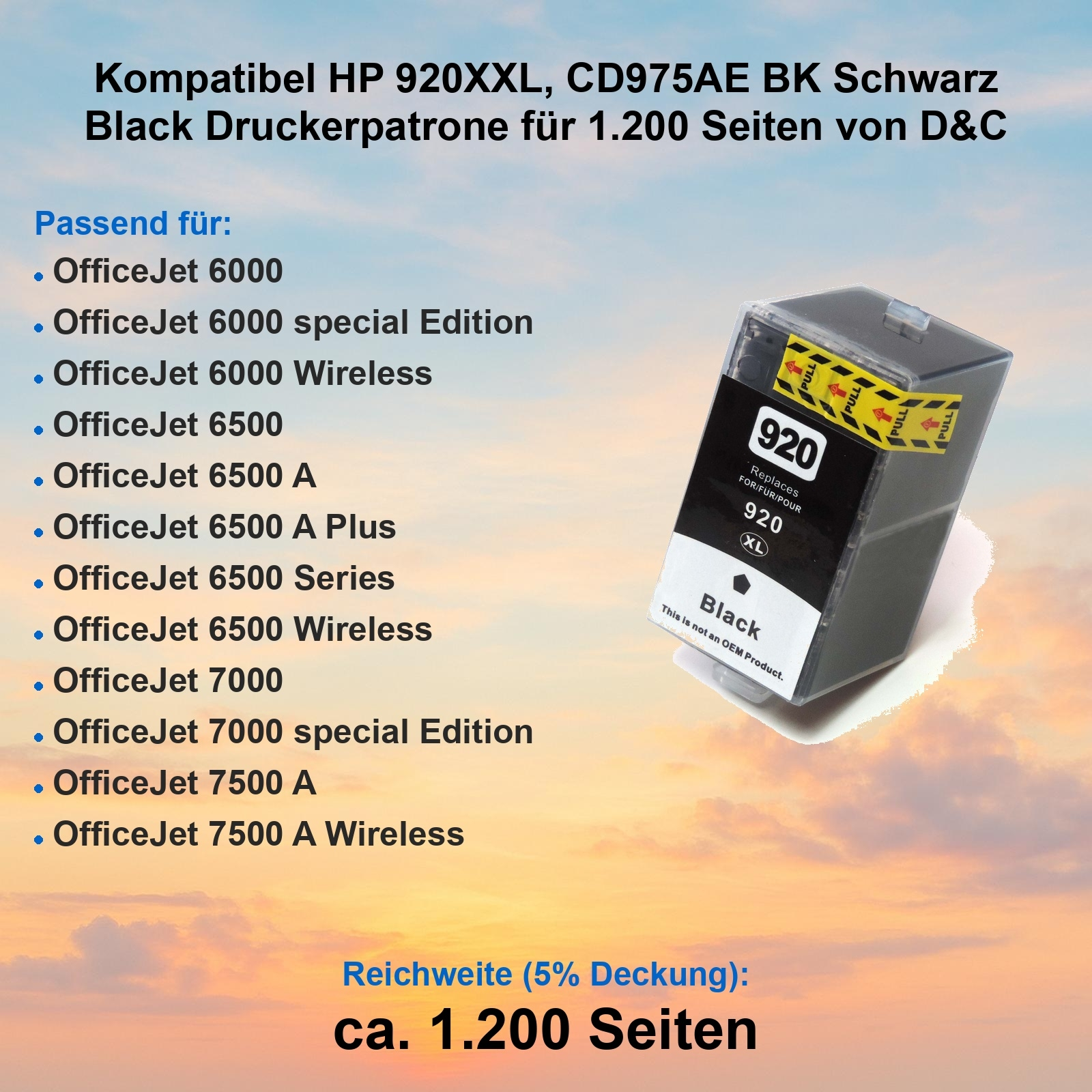 Schwarze Tintenpatrone mit Text und Produktinformationen, passend für mehrere HP OfficeJet Drucker, mit Himmels Hintergrund.