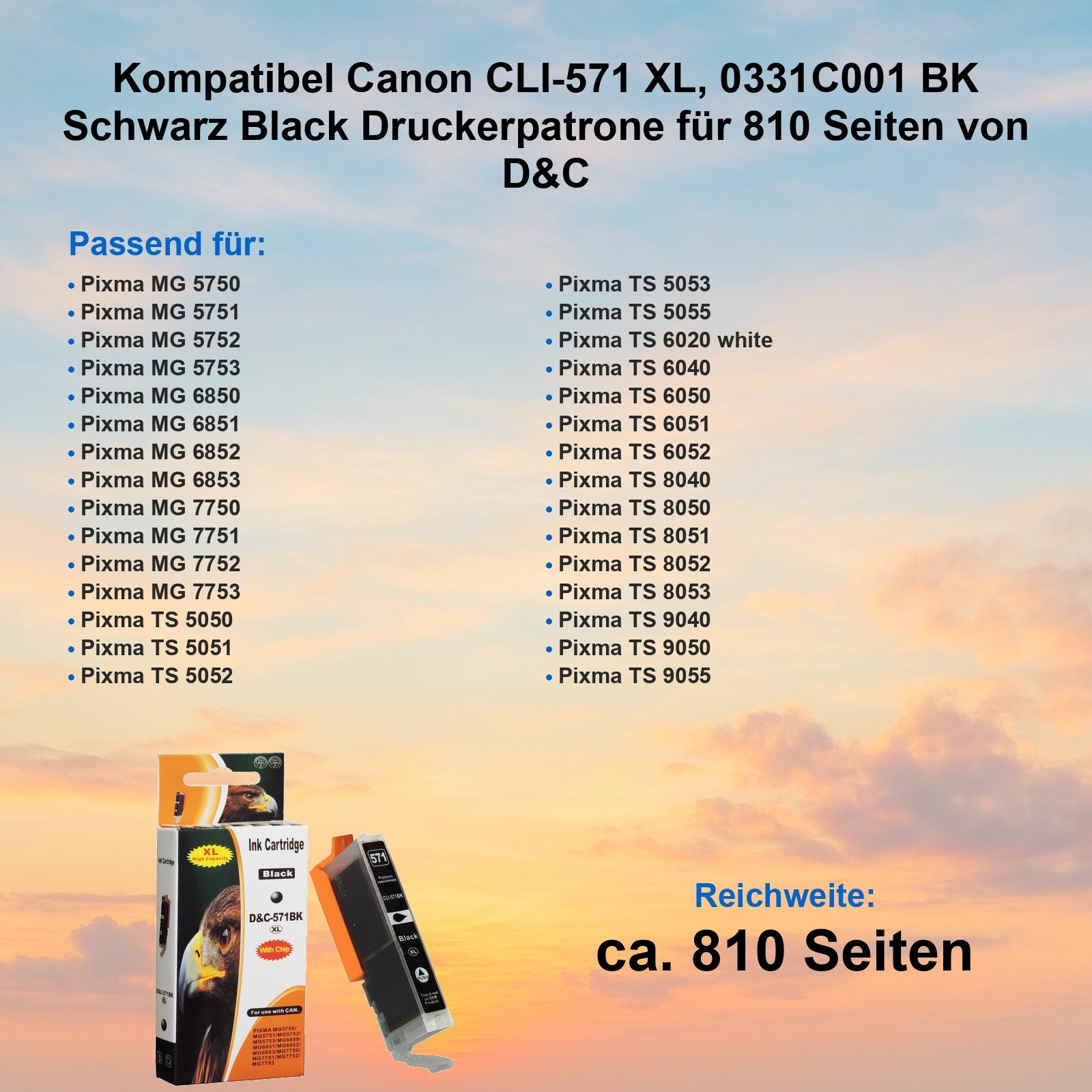 Das Bild zeigt einen schwarzen Tintenpatronenkarton, Produktdetails und eine Liste kompatibler Druckermodelle.