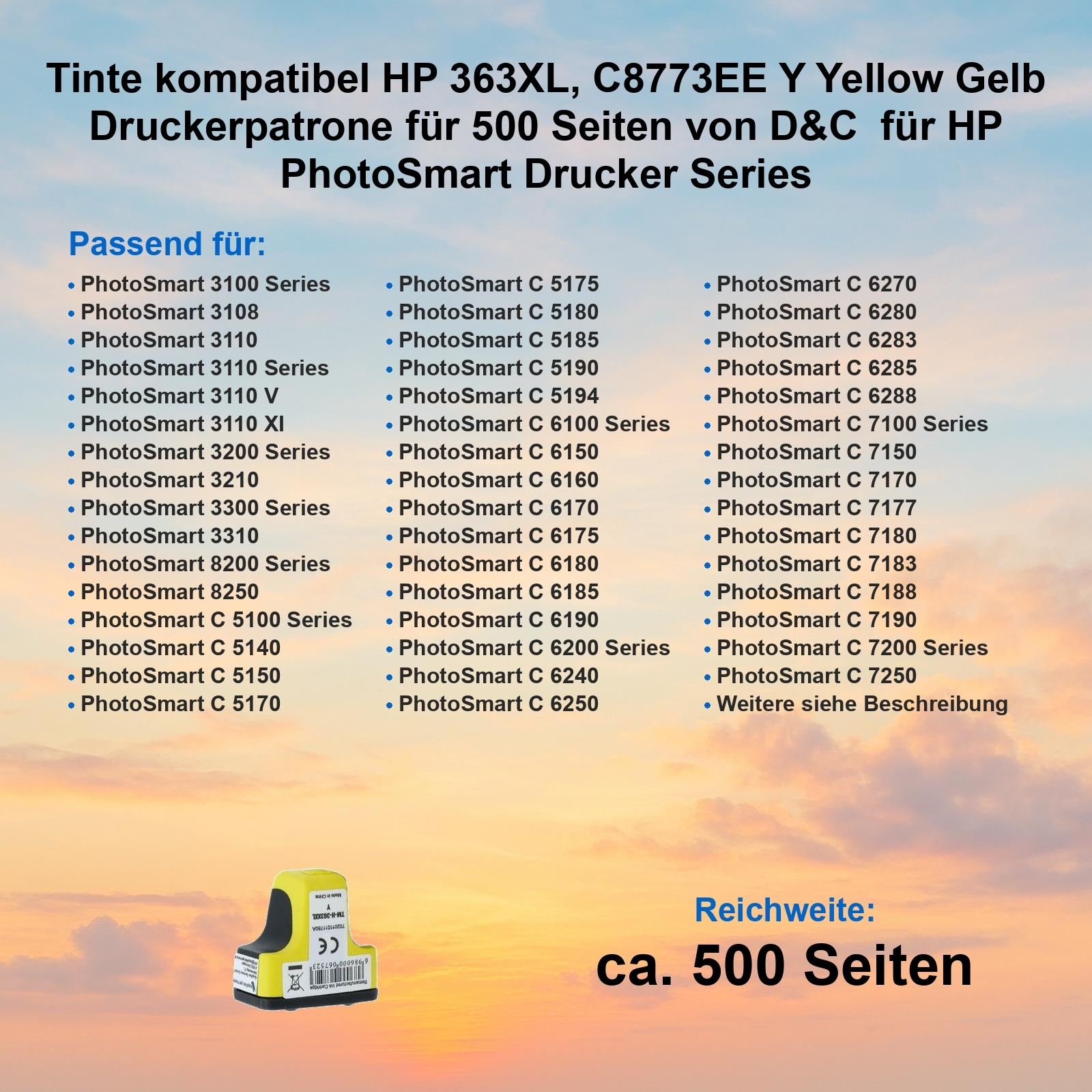 Gelbe Tintenpatrone mit Kompatibilitätsliste und Seitenausbeute von 500 Seiten.