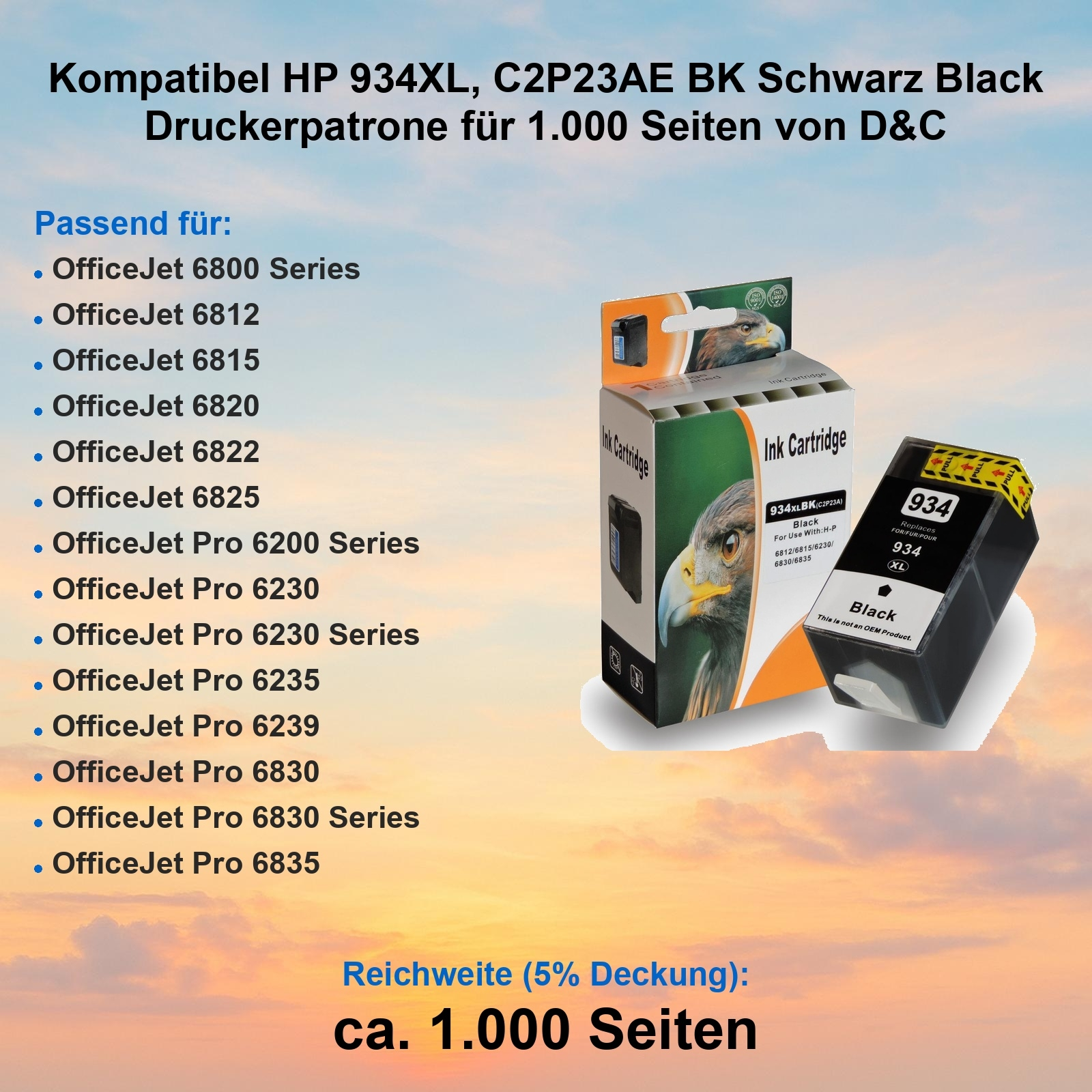Das Bild zeigt eine HP-Tintenpatronenbox und -patrone. Text enthält Druckerkompatibilität und Seitenausbeute.