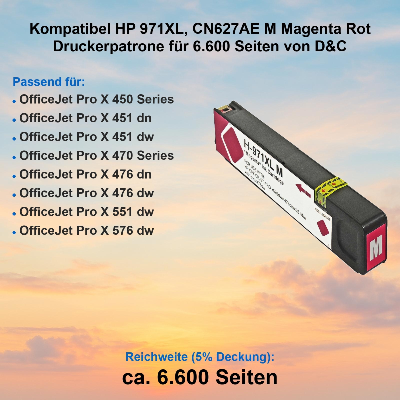 Magentafarbene Tintenpatrone mit Produktdetails und kompatiblen Druckermodellen. Hintergrund ist Himmel.