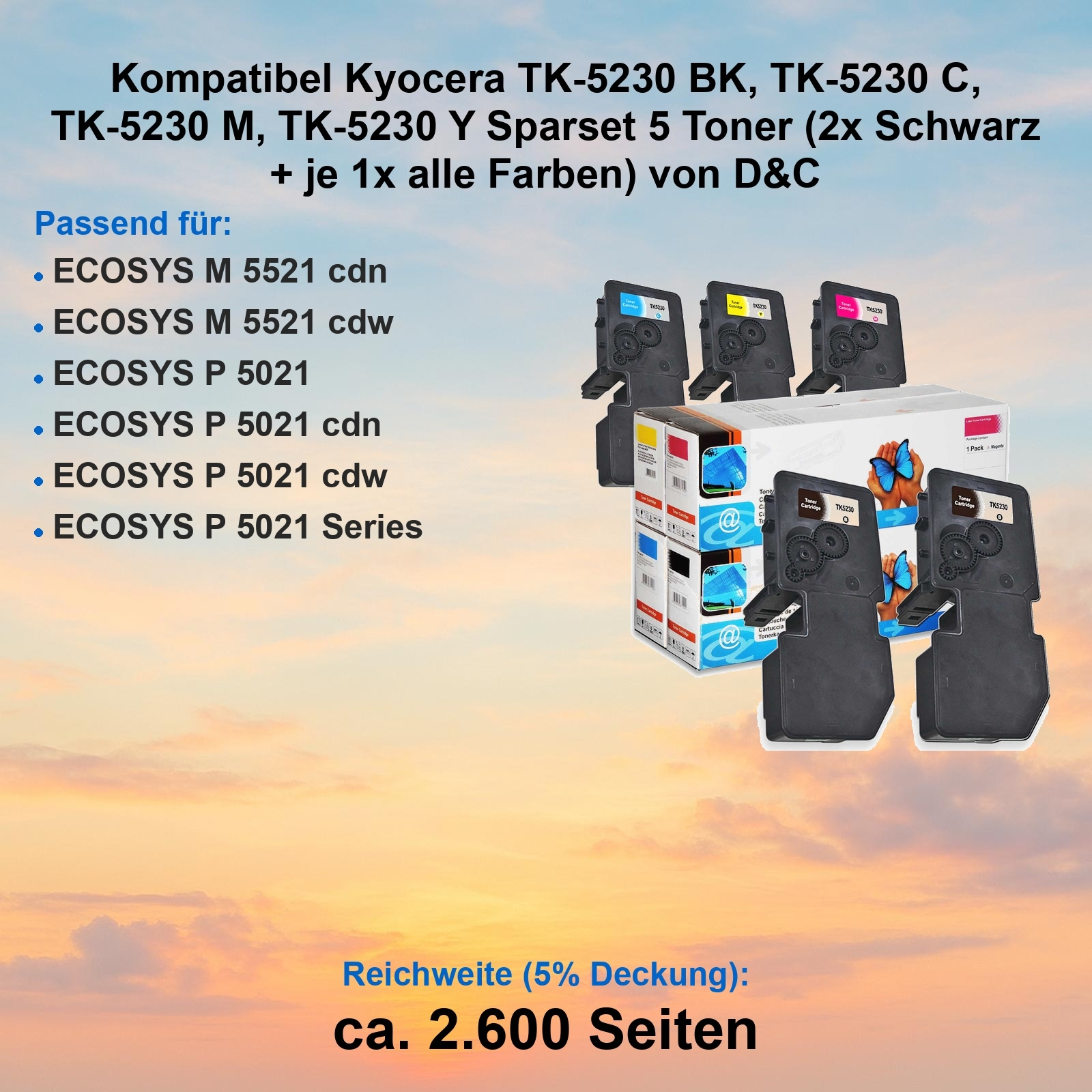 Tonerpatronen und Box mit Text. Oben: schwarze, blaue, gelbe, rosa Patronen. Unten: blaue und schwarze Patronen.