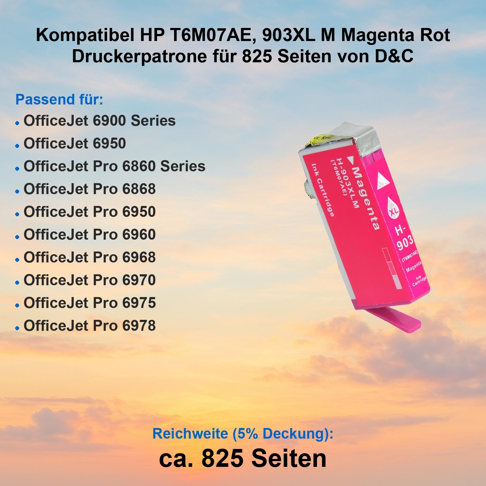 Magentafarbene Tintenpatrone mit Produktdetails und einer Liste kompatibler Drucker.
