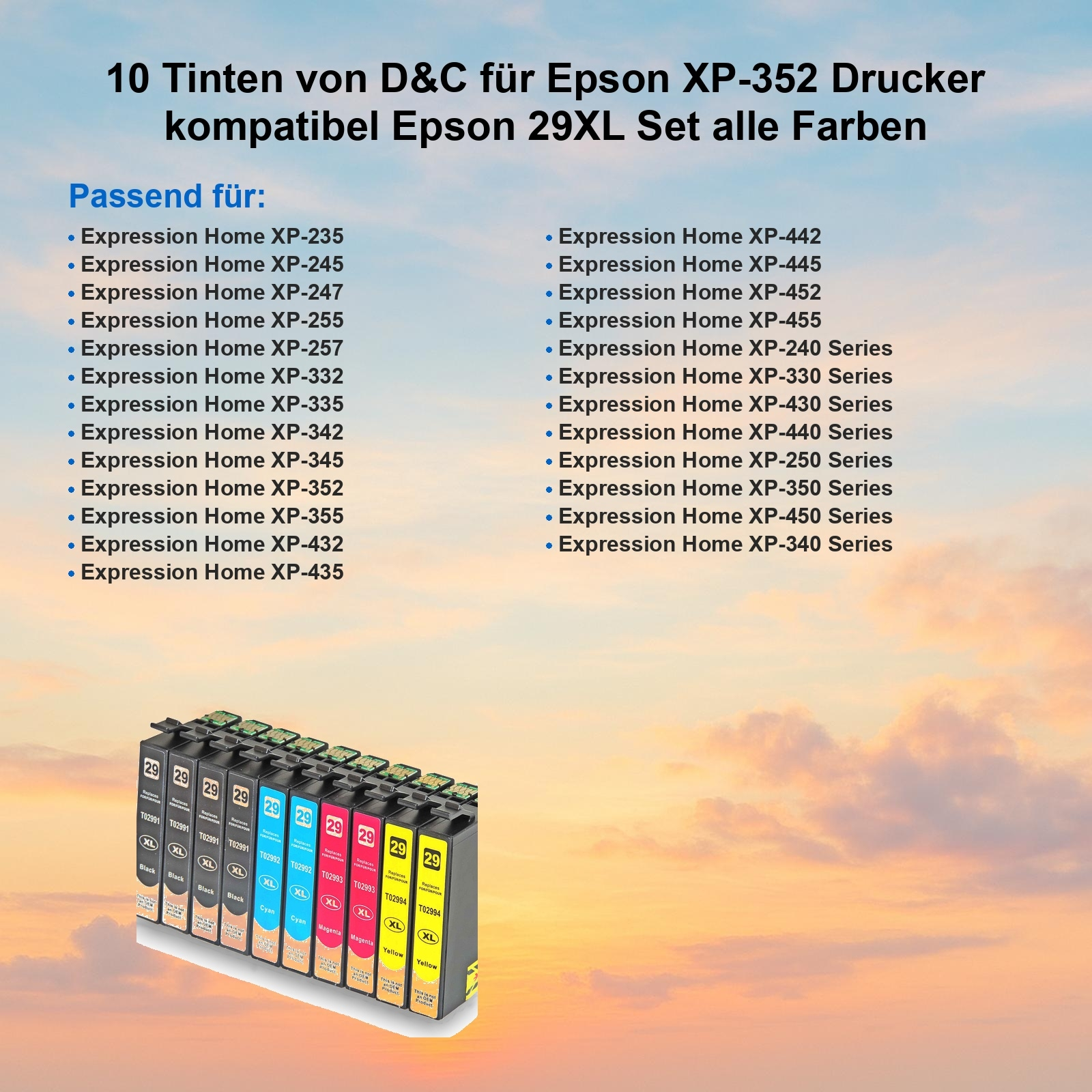 Das Bild zeigt Druckerpatronen in verschiedenen Farben mit einer Liste kompatibler Druckermodelle auf einem Gradientenhintergrund.