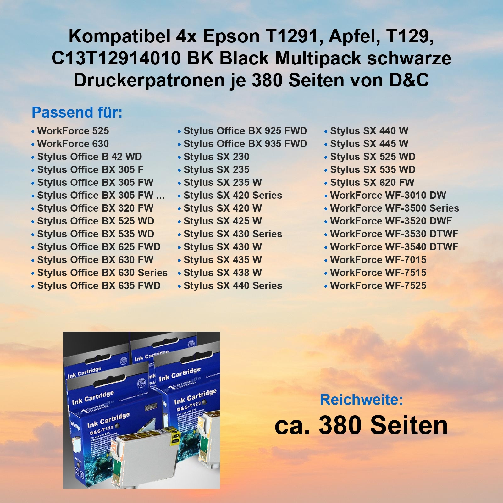 Das Bild zeigt Druckerpatronen mit einer Liste kompatibler Modelle und Informationen zur Seitenausbeute.