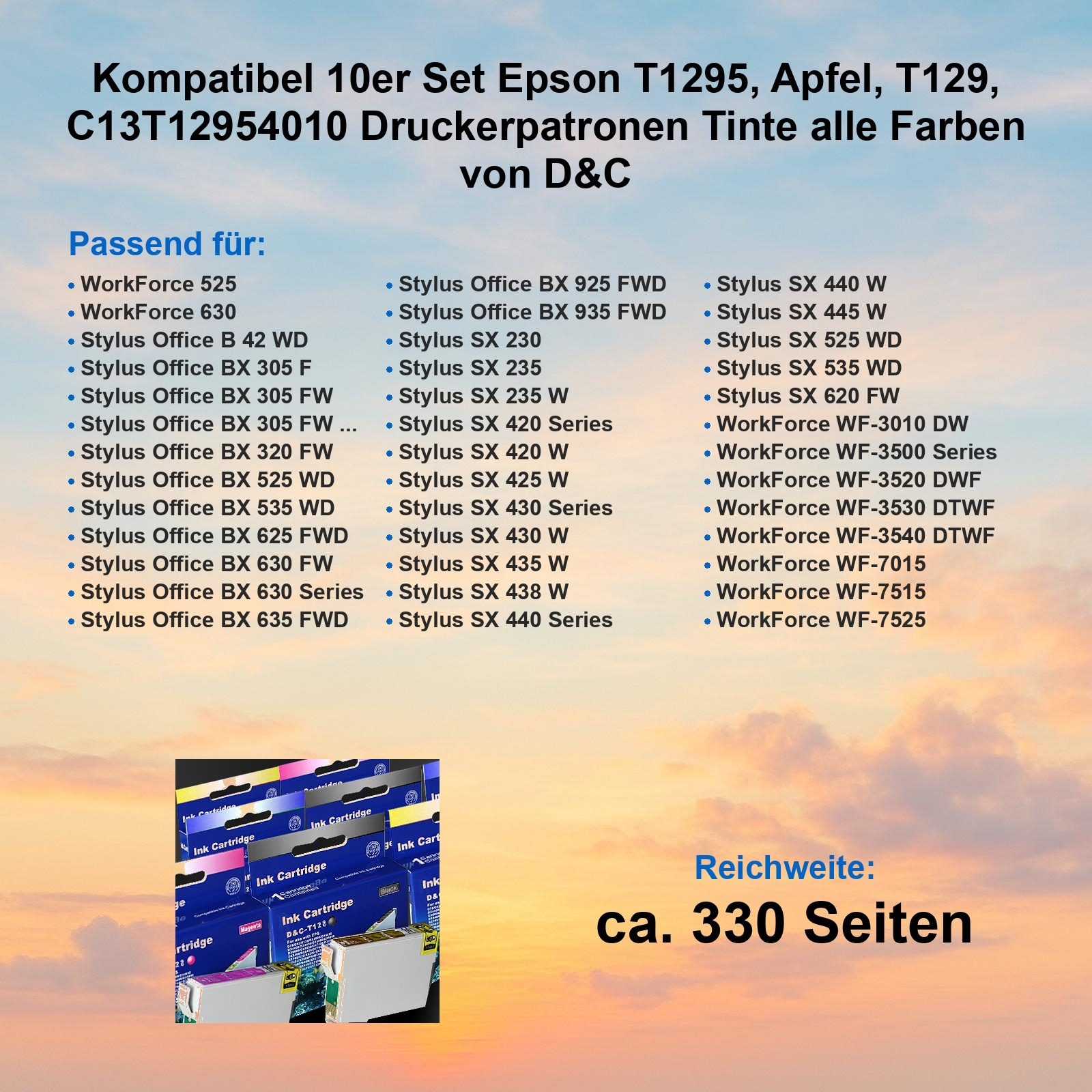 Werbung für Tintenpatronen mit kompatiblen Druckermodellen und Informationen zur Seitenleistung.