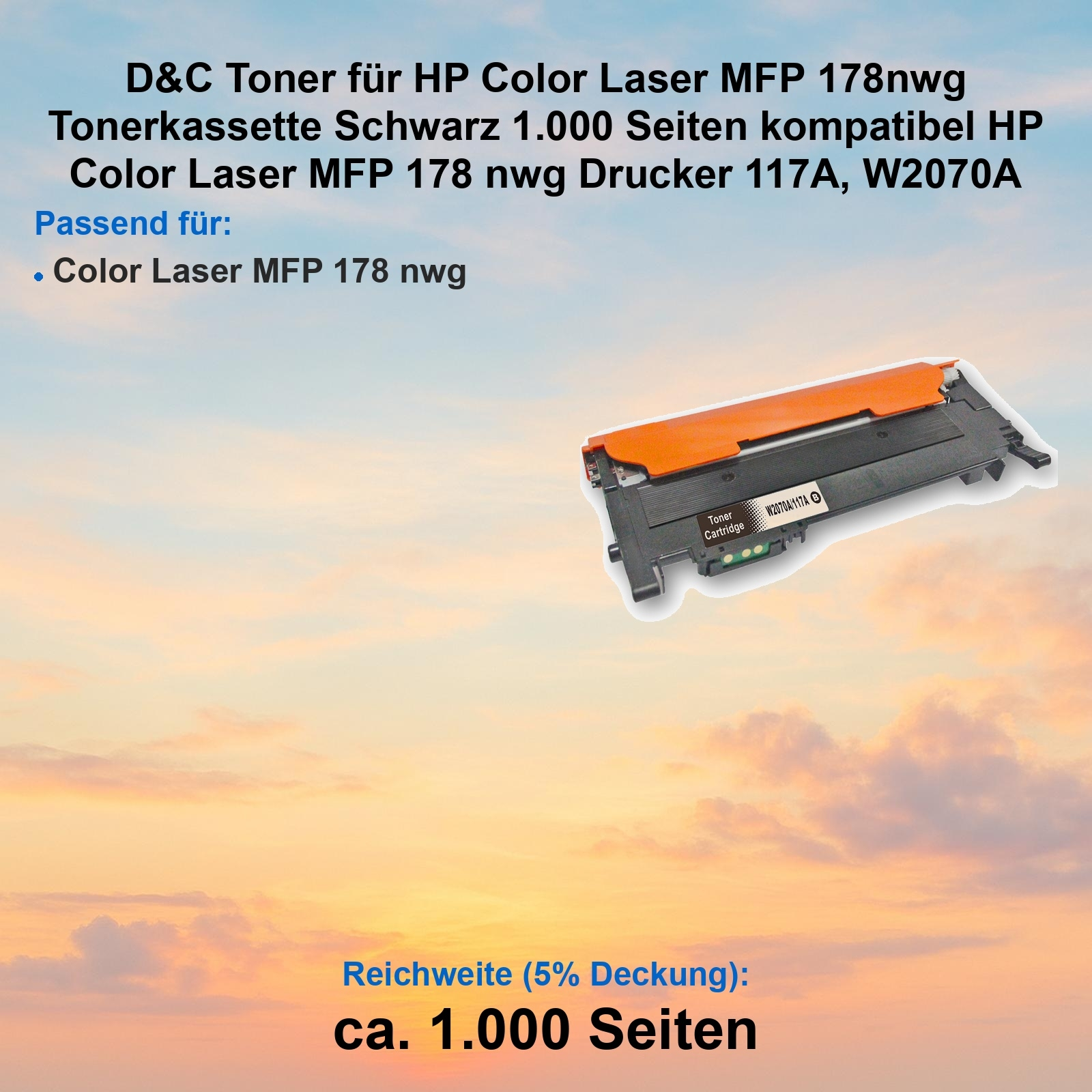 Das Bild zeigt eine Druckertonerpatrone. Der Text erwähnt HP Color Laser MFP 178nwg, schwarzen Toner und 1.000 Seiten.