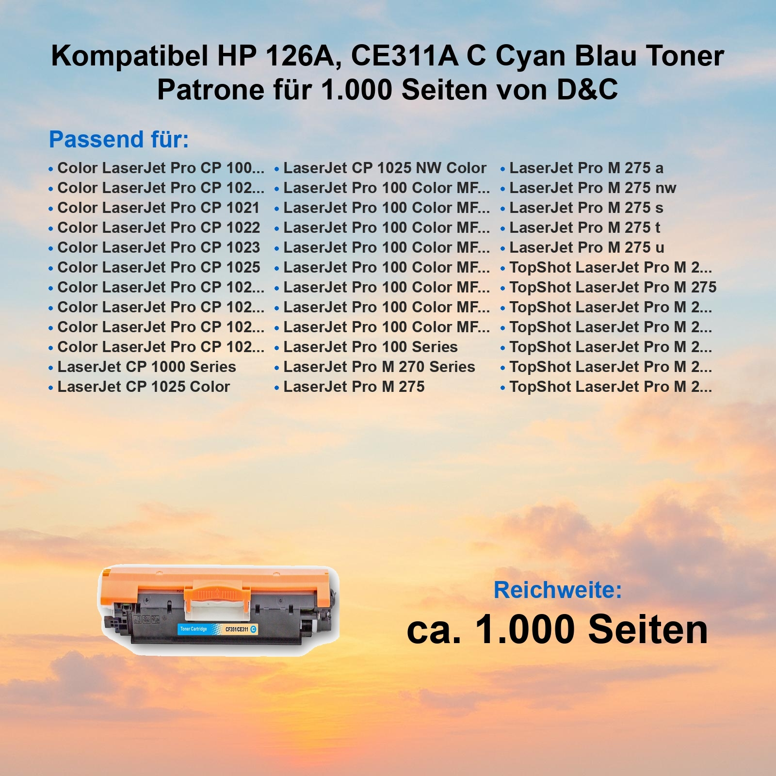 Eine Tonerkartusche mit orangefarbenen und schwarzen Teilen, und mehrere Produktnamen in blauer Schrift.