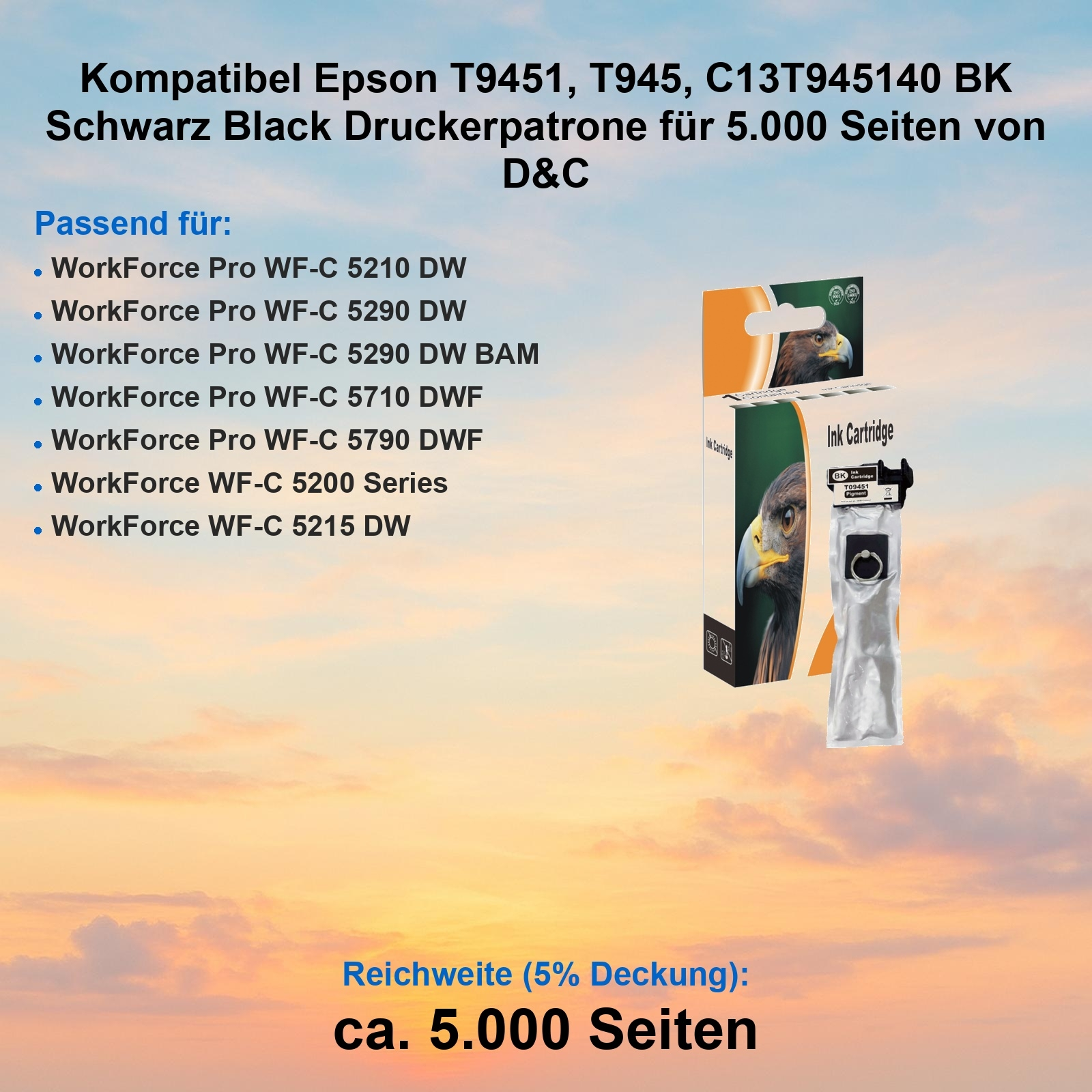 Eine Epson-Tintenpatronenbox mit einem Adlerbild, zusammen mit einer schwarzen Tintenpatrone. Text listet Druckermodelle und Seitenausbeute.