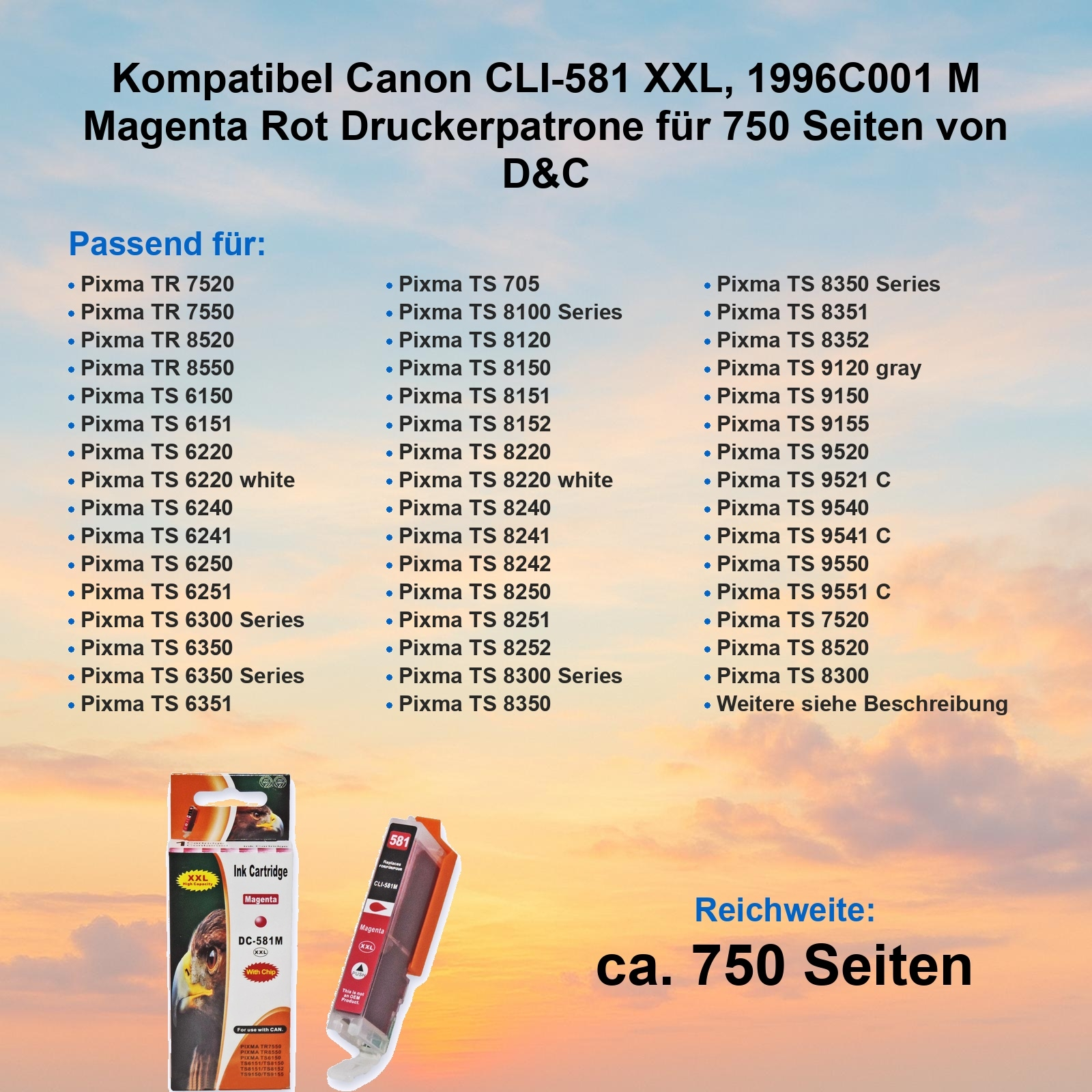 Magenta Tintenpatrone mit Produktdetails und kompatiblen Druckermodellen.