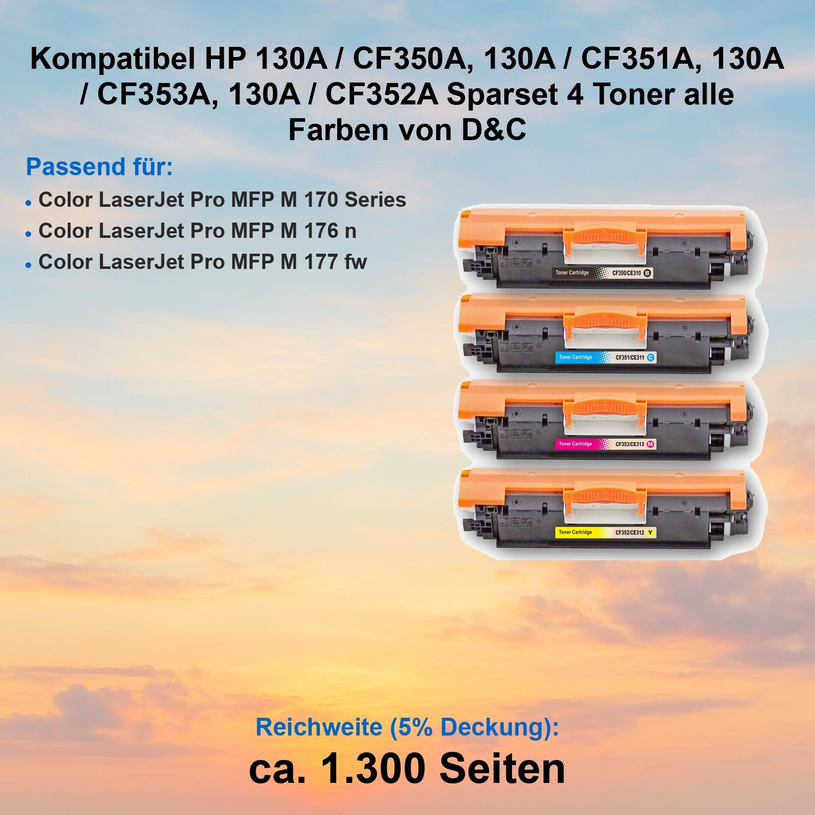 Vier Tonerkartuschen in Orange, Cyan, Magenta und Gelb, mit Text und Spezifikationen, vor Himmelshintergrund.