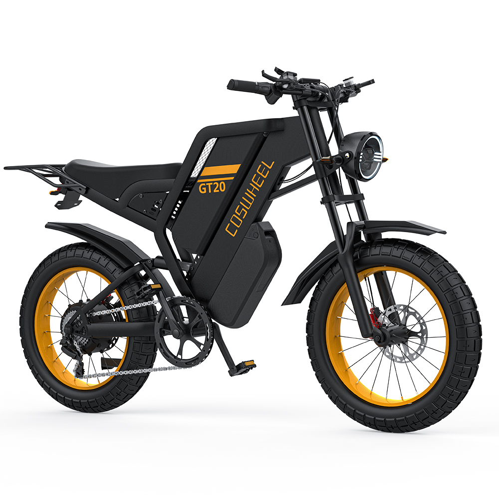 Czarno-żółty rower elektryczny. Ma okrągły reflektor, grube opony, a słowa 'COSWEEL GT20' są widoczne z boku.