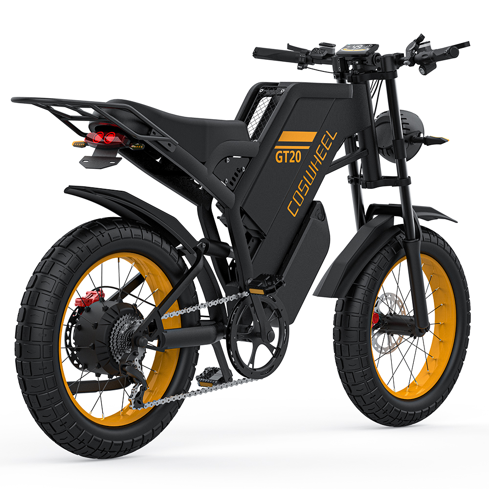 Czarno-żółty rower elektryczny z dużymi oponami. Ma czarną ramę i siedzenie, z żółtymi felgami. Rower znajduje się na białym tle.