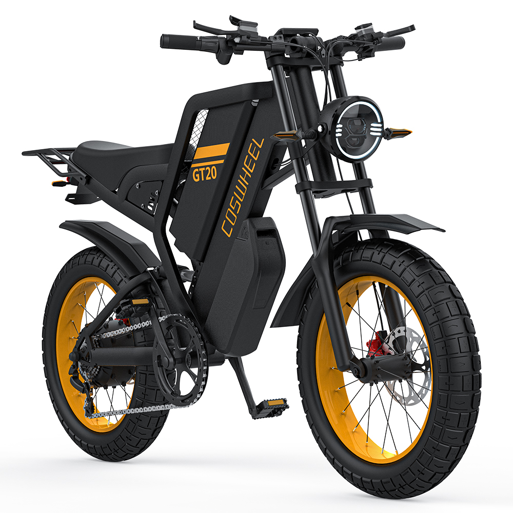 Czarno-żółty rower elektryczny. Ma grube opony, reflektor i markę 'COSWHEEL' na ramie.