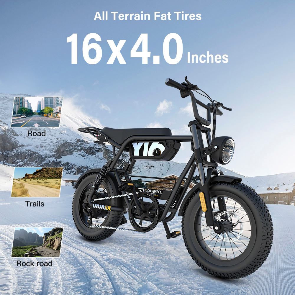 Czarny rower elektryczny z grubymi oponami na śniegu. Tekst mówi 'All Terrain Fat Tires', '16x4.0 Inches'. Obrazy pokazują drogę, szlaki i drogę skalną.