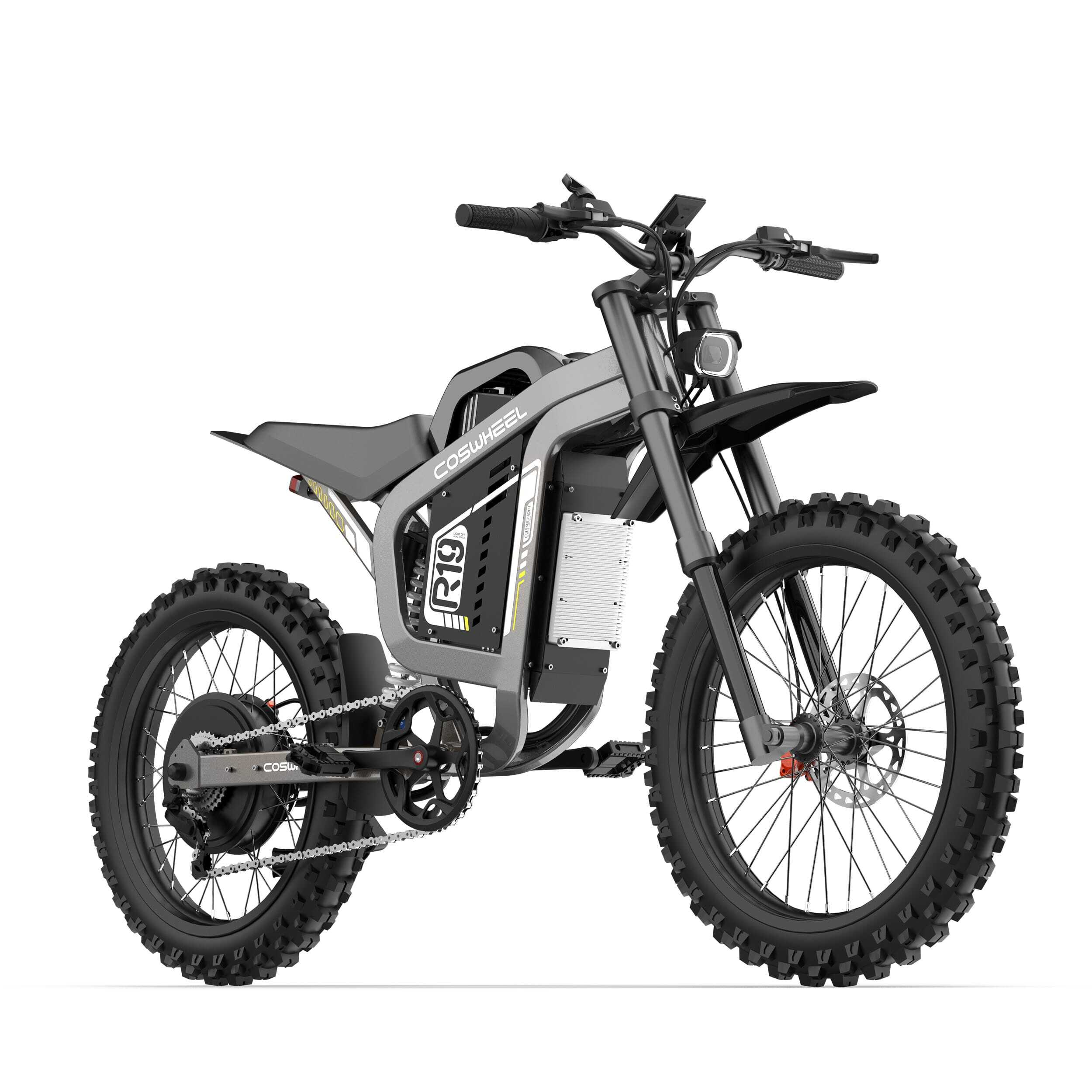 Motocykl elektryczny z czarnymi oponami i szarą ramą na białym tle. Marka to Coswheel.