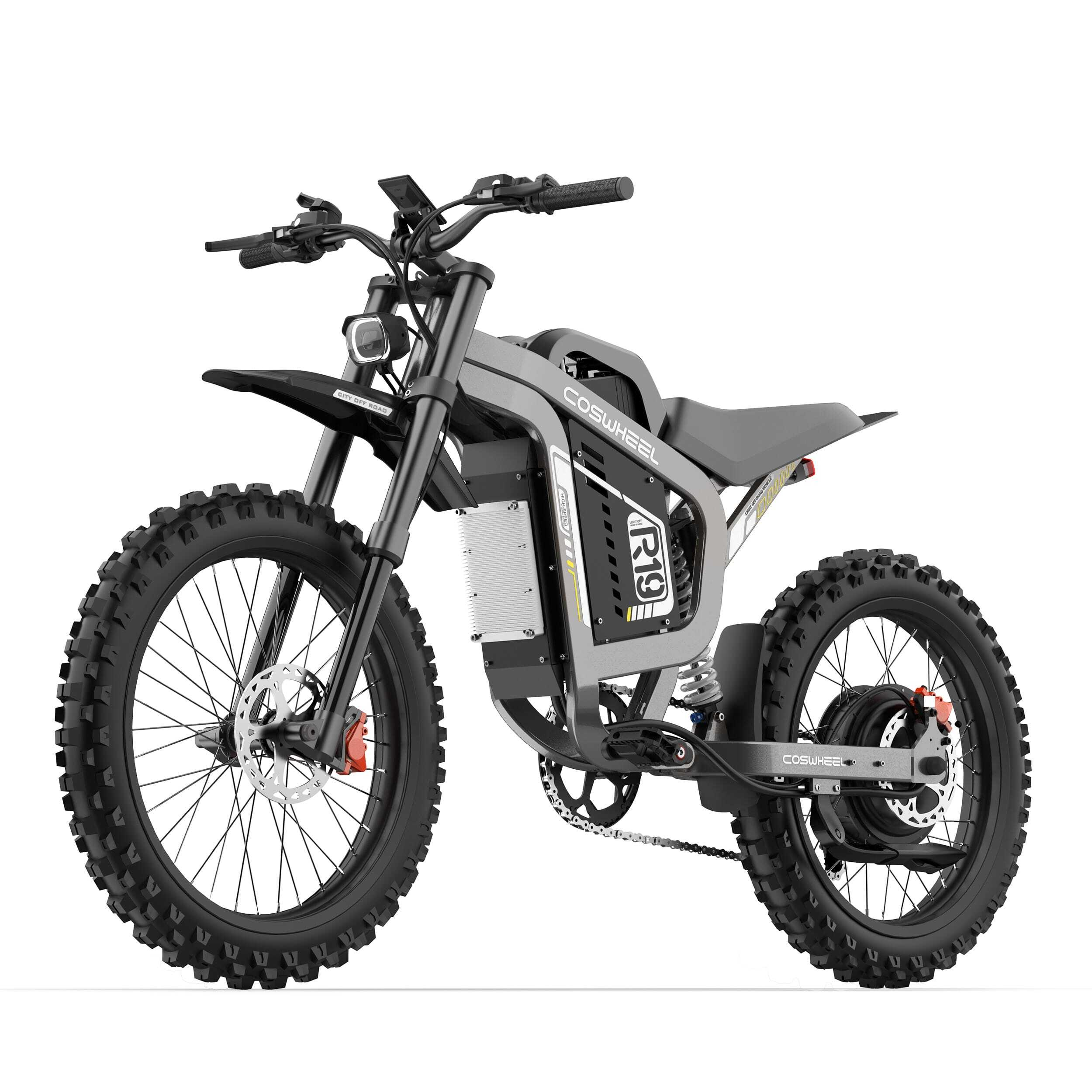 Motocykl elektryczny, szary i czarny, z dużymi oponami, hamulcami tarczowymi i widoczną marką COSWH.