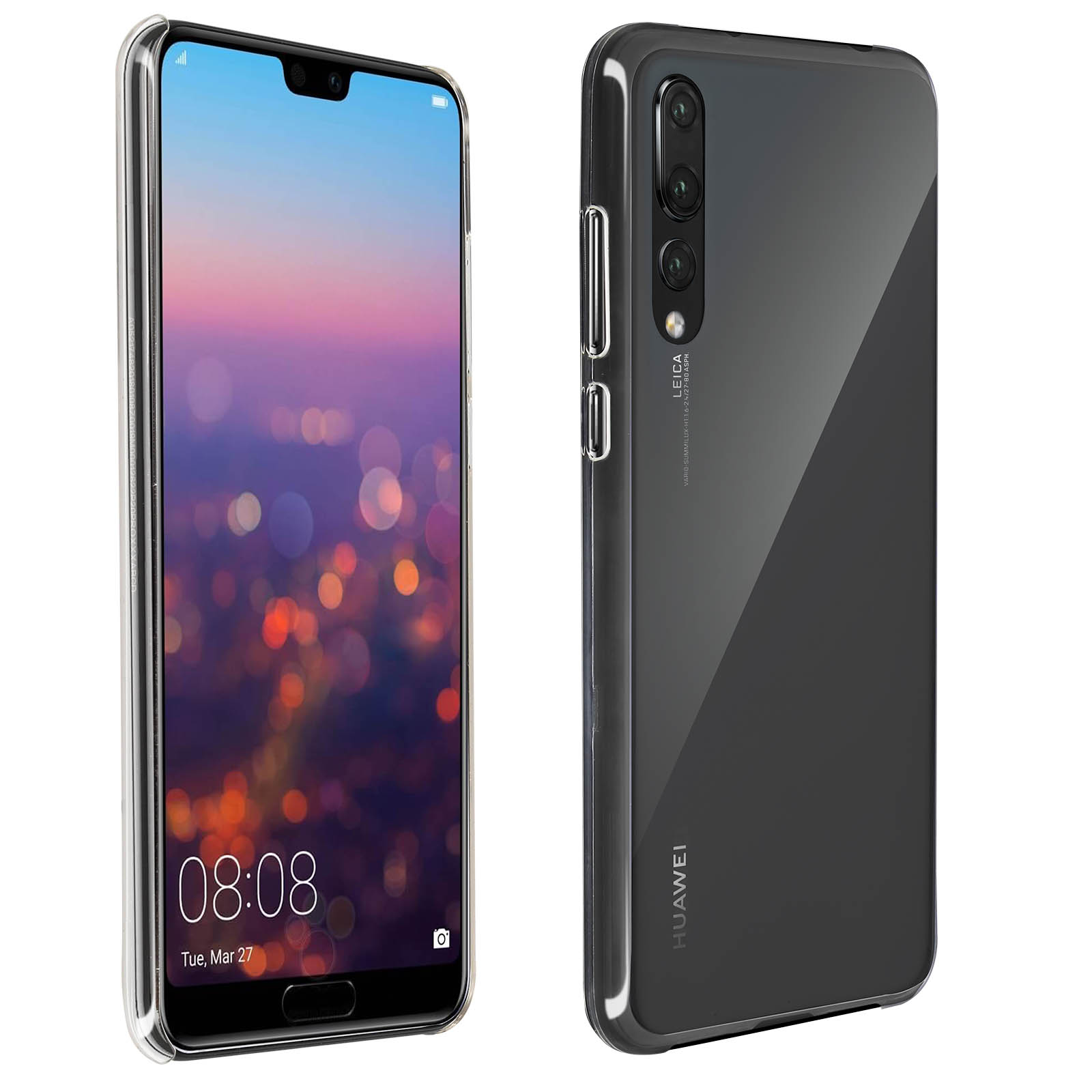 È mostrato uno smartphone con custodia trasparente. Lo schermo mostra una città al tramonto, il retro è nero.