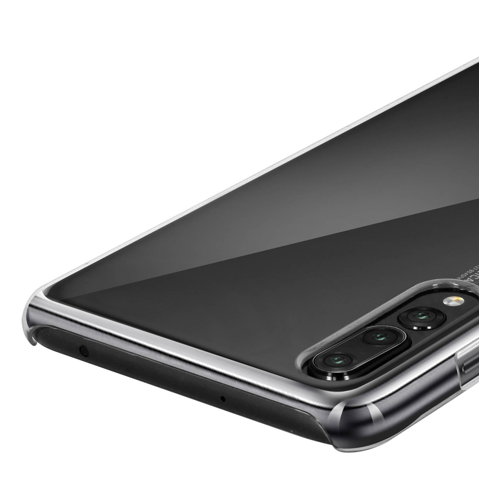 Primo piano di uno smartphone con custodia trasparente. Il telefono ha uno schermo nero e una cornice argentata.